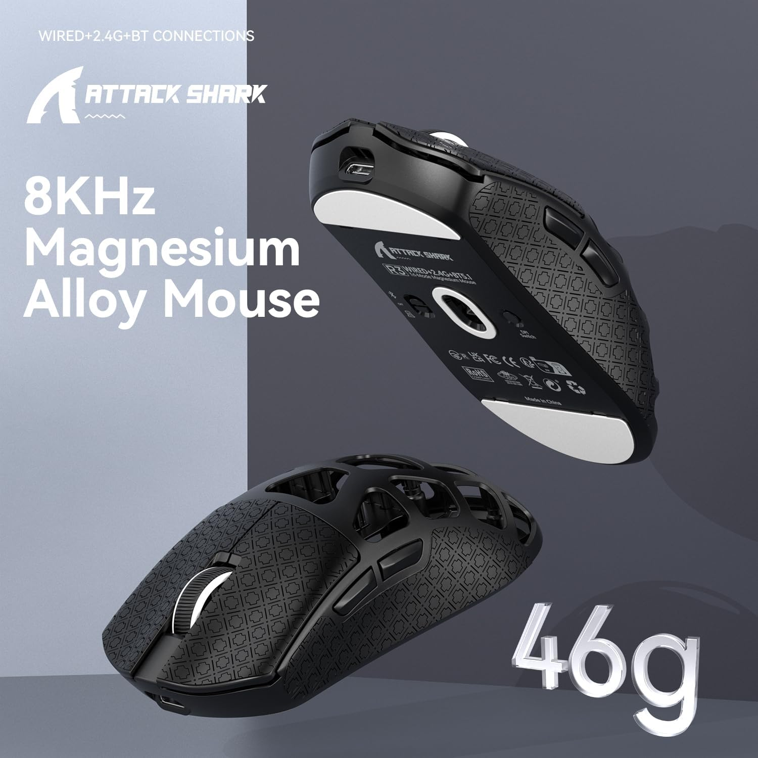 ATTACK SHARK R3 Magnesium Alloy Mouse, Wireless 8K Mouse, 46G Superlight Mouse, Pixart PAW3395 Gaming Sensor, Bt/2.4G/Wired Gaming Mouse, Adjustable DPI 26000, Office Mice for Win11/Xbox/Ps - 1 Purple image number 5
