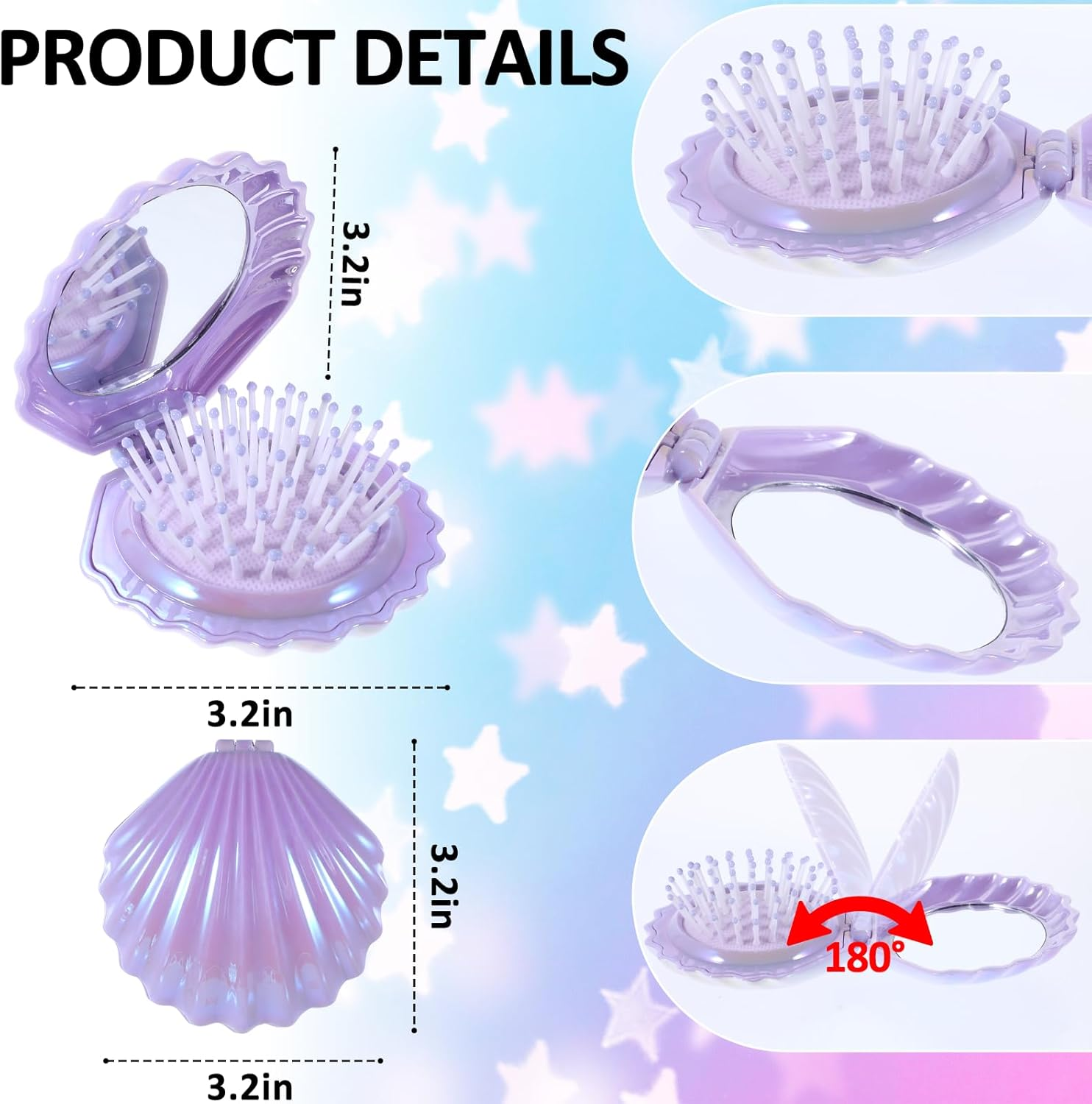 Metallic Shinning Finish Foldable Travel Hair Brush, 2 Pcs Mini Hair Brush with Mirror Shell Shape Portable Hair Brush Pocket Brush Compact Brush Mini Massage Comb Travel Brushes for Hair Women Men