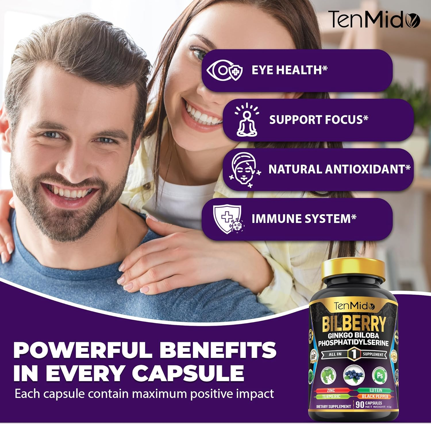 Tenmido Bilberry Extract Capsules - 7In1 with Zinc, Ginkgo Biloba, Phosphatidylserine, Turmeric, Lutein & Black Pepper - 90 Vegan & Non-Gmo Capsules image number 5