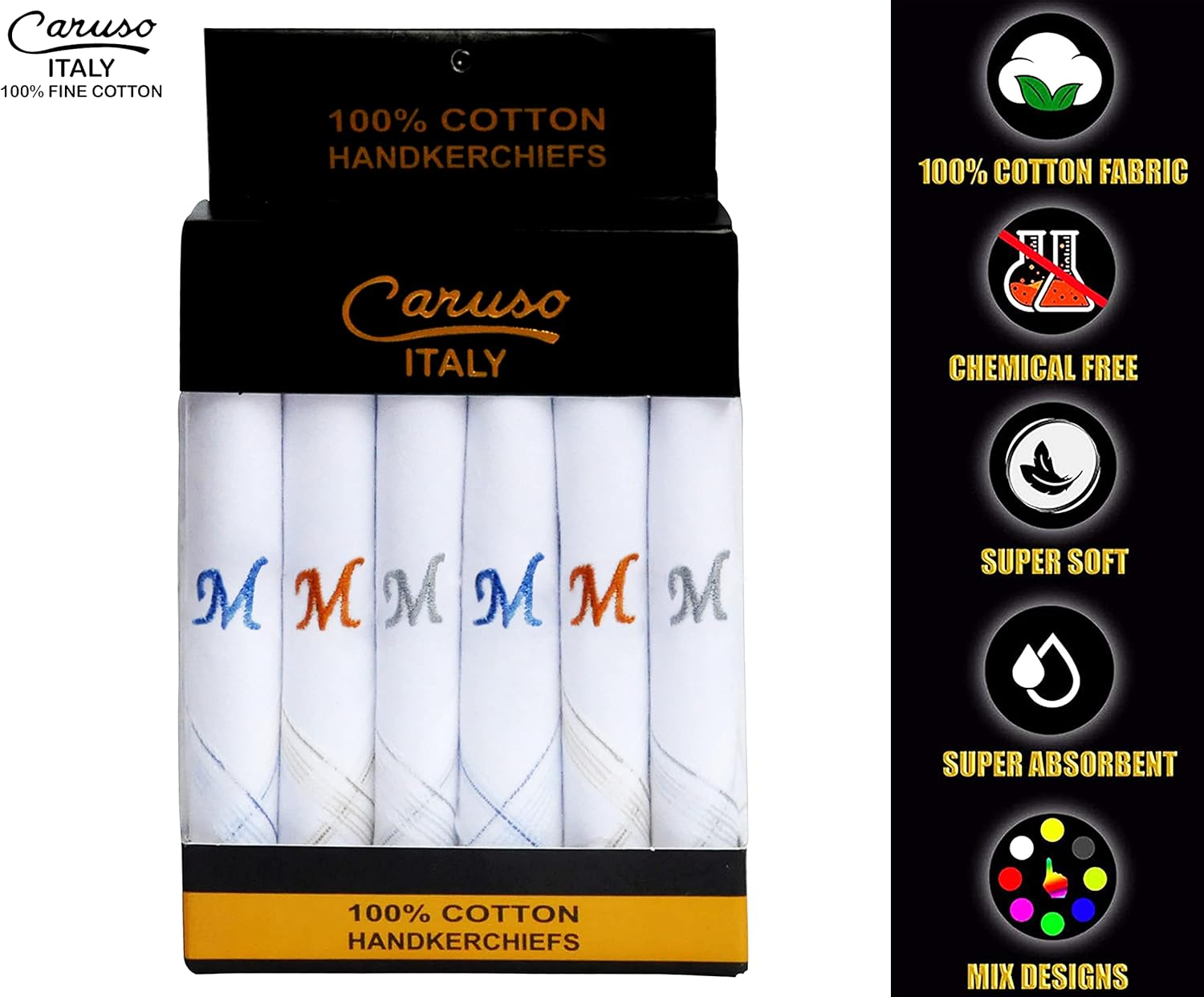 Caruso Italy Men'S Initial Monogram (A-Z) Embroidery 100% Pure Cotton Handkerchief White Base with Colored Border - Pack of 6 - C image number 4