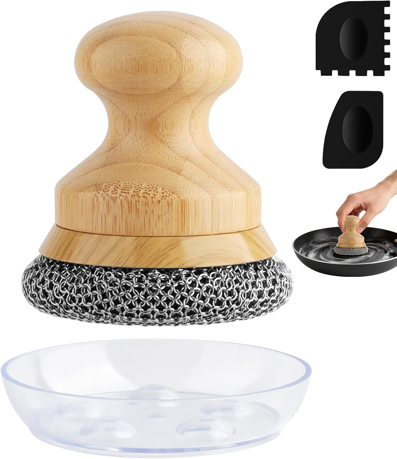 Beeptrum Cast Iron Scrubber and Scraper,Chain Mail Cleaner with Bamboo Handle & Draining Tray,316 Stainless Steel Brush for Cleaning Pots,Pans,Wok,Bakeware,Griddles, Grills,Dishes (Small Chain Mail)