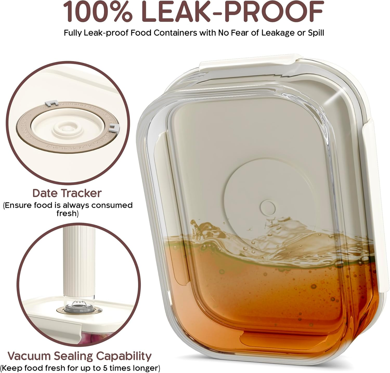 Unique Impression 5 Pack 1040Ml Glass Vacuum Food Storage Containers with Date Tracker & Pump - Airtight Vacuum Containers with Lids - Oven,Microwave and Fridge/Freezer Safe - Leak Proof image number 5