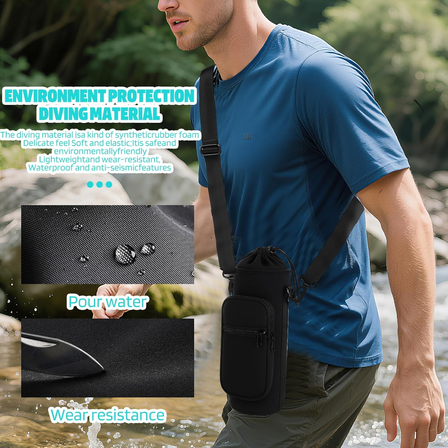 Pacify Water Bottle Carrier Bag 34Oz Water Bottle Shoulder Carrier Crossbody Sling Water Bottle Holder with Strap 2 Phone Pockets for Hiking Travelling Camping image number 5