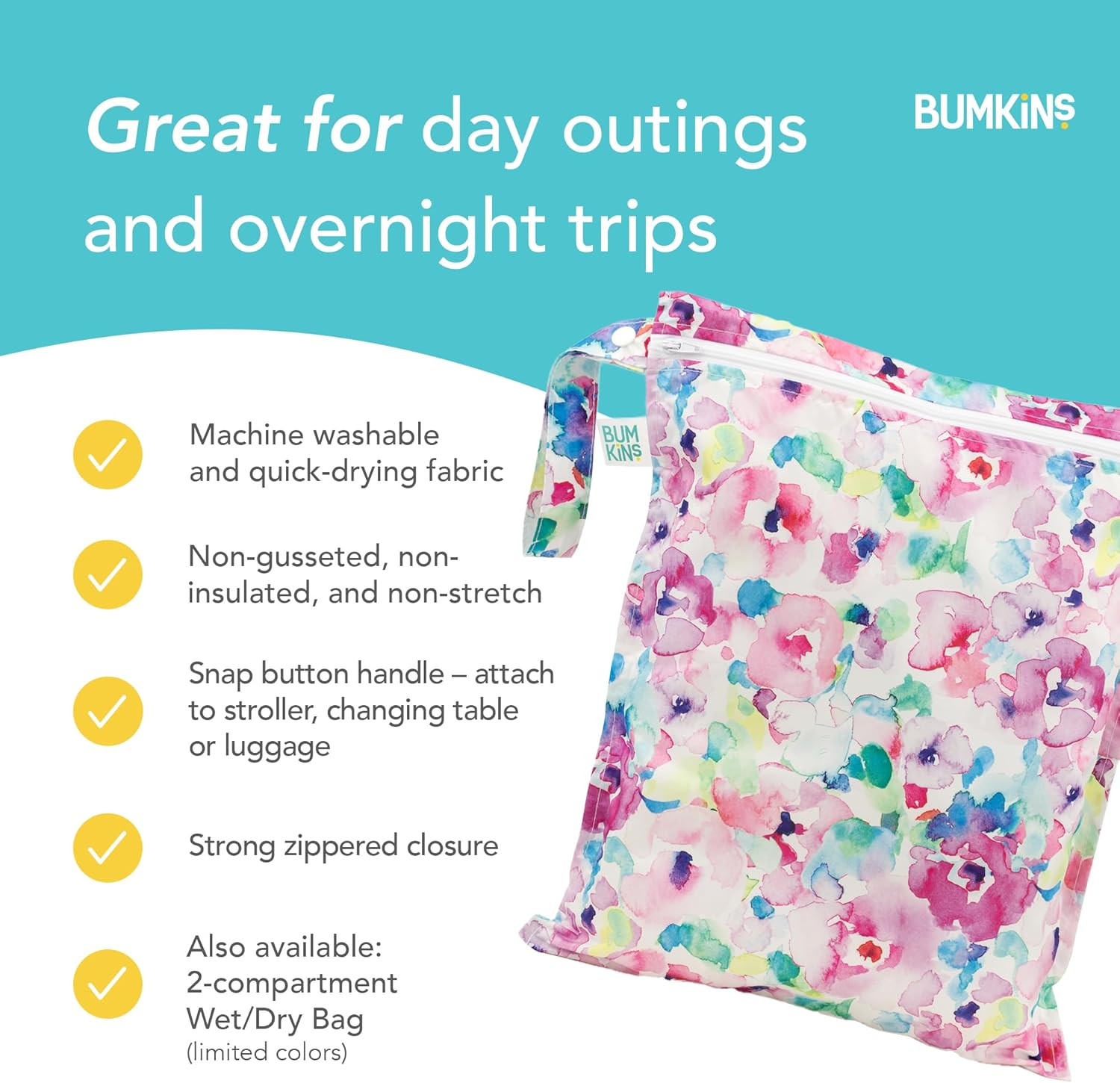 Bumkins Waterproof Wet Bags for Baby, Travel, Swimsuit, Cloth Diapers, Pump Parts, Gym Clothes, Toiletries, Strap to Stroller, Zipper Reusable Bag, Packing Pouch image number 6