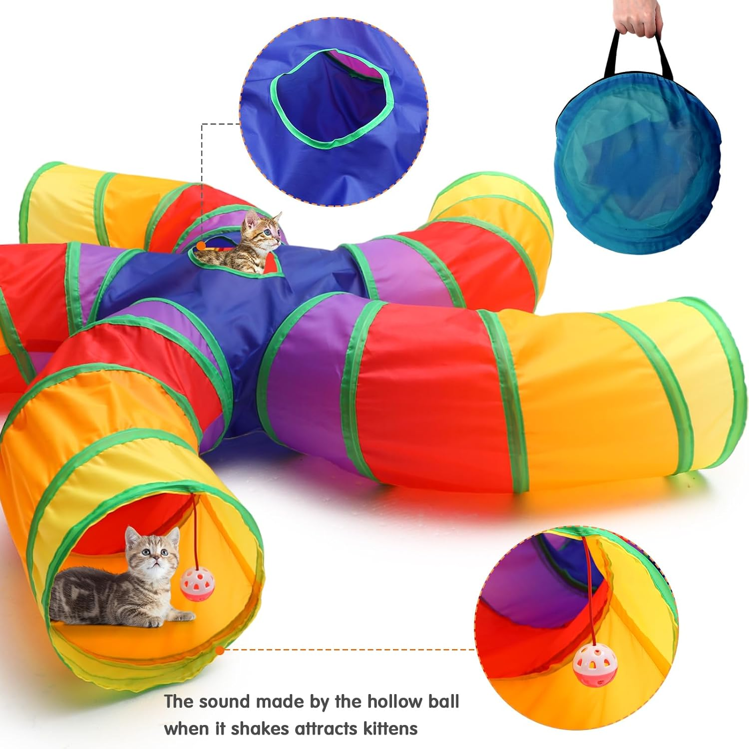 Poen 21 Pcs Cat Tunnel for Indoor Cats Set Collapsible 5 Way Cat Tubes with 20 Pcs Cat Toys Kitten Toys Interactive Cat Feather Toy Mouse Crinkle Balls Cat Tube for Puppy Kitten Rabbit(Colorful) - Colorful image number 6