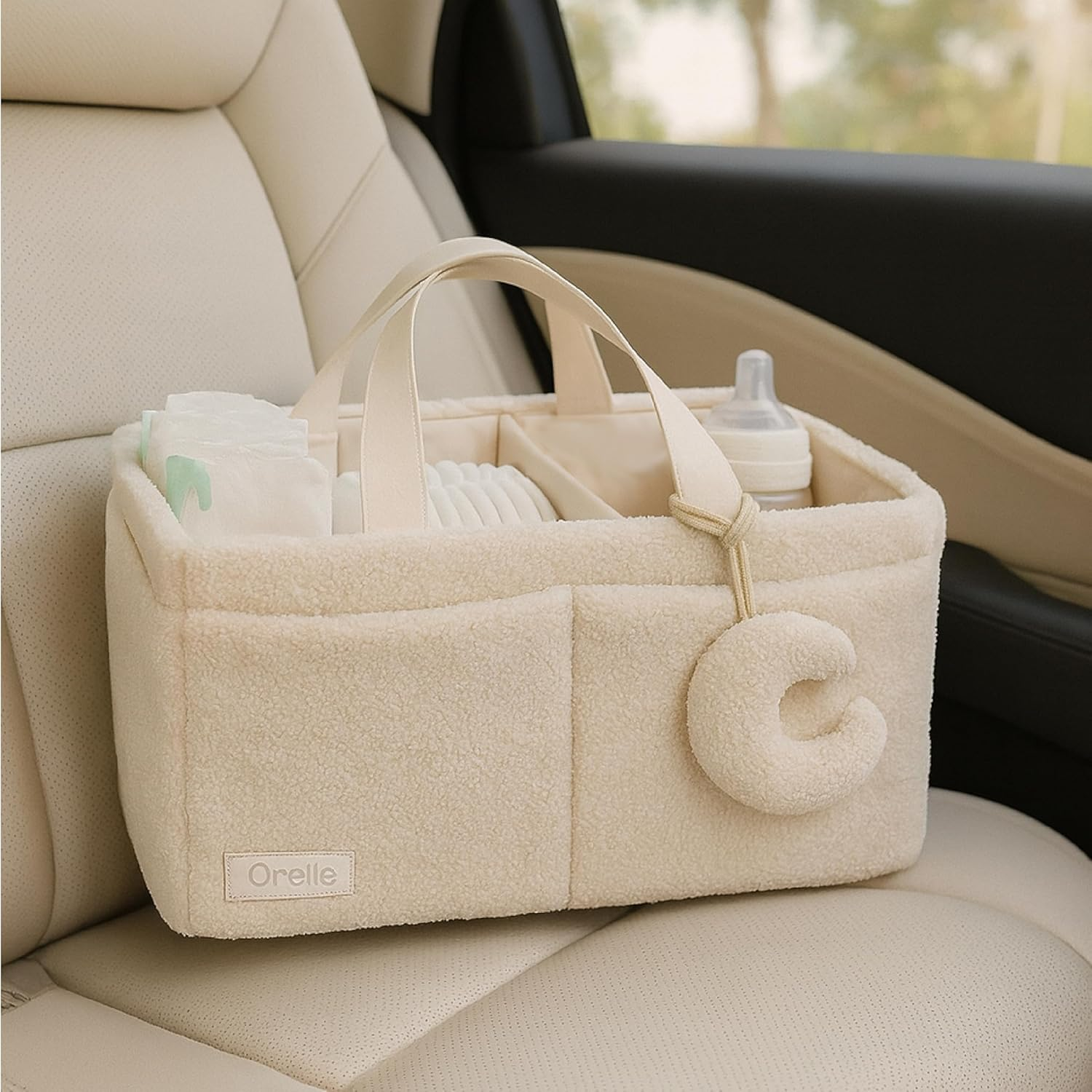 Orelle Sherpa Diaper Caddy Organizer with Matching Pouch | Portable Changing Table Organizer | Teddy Diaper Caddy | Baby Shower Gifts | Baby Organizers and Storage | Boucle Baby Basket | Cream image number 3