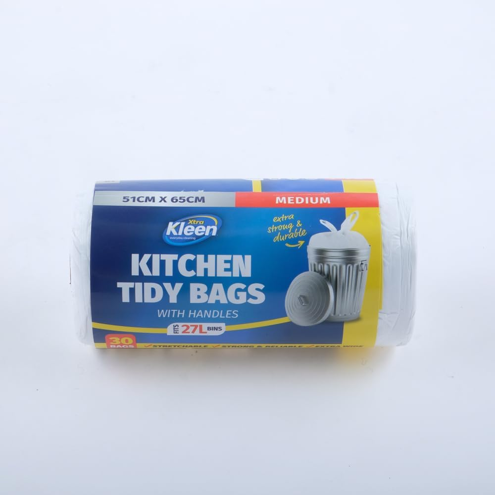 Bin Liner Kitchen Tidy Garbage Bag with Handle, White, Medium, 27 Litre Capacity (Pack of 30)