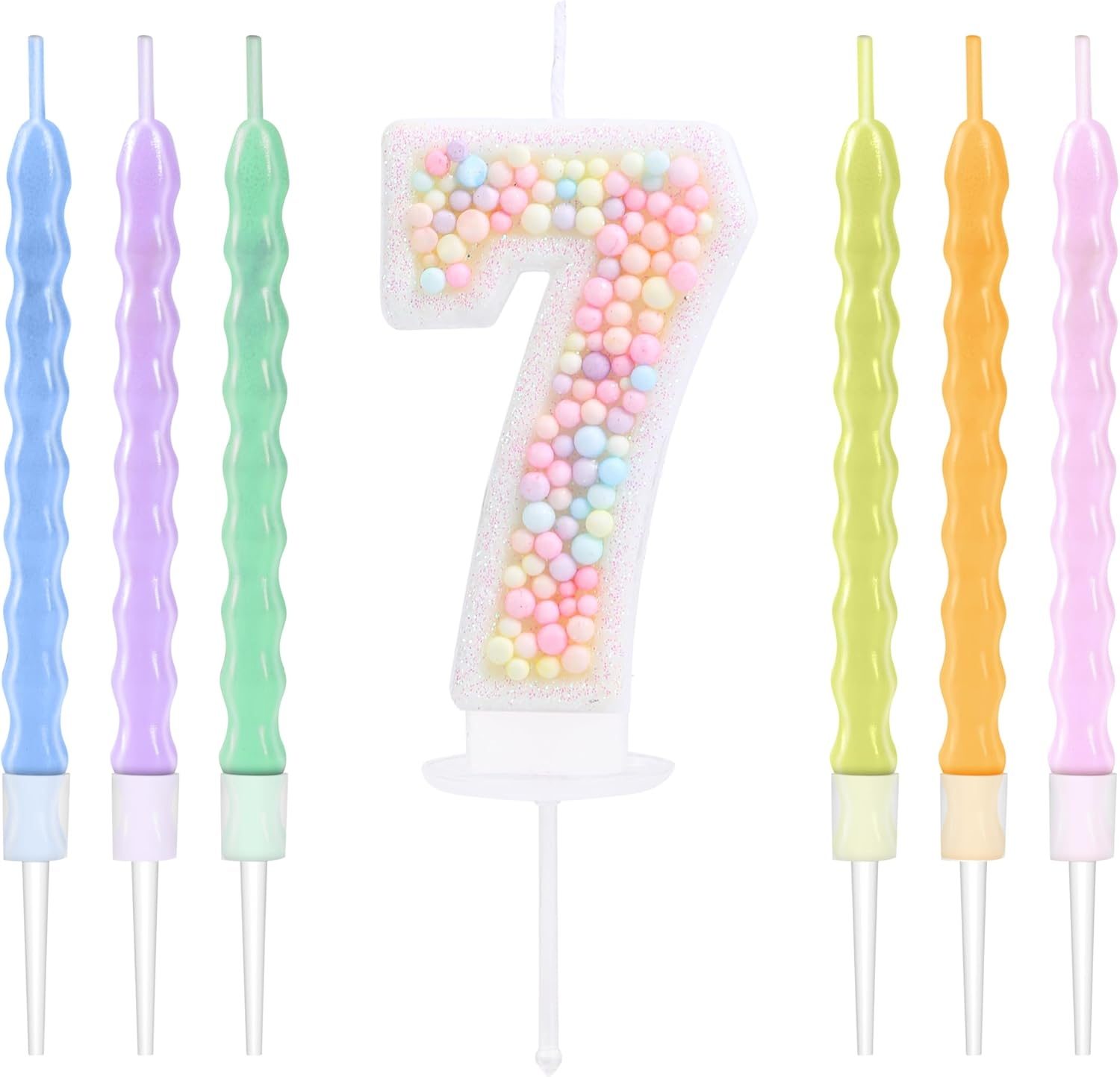 7 Birthday Candle Pastel with 6 Pcs Rainbow Pearl Candles, 3D Macaron Glitter Number 7 Candle for Birthday Cake Girl Women Sweet Theme 7Th Birthday Anniversary Party Decoration