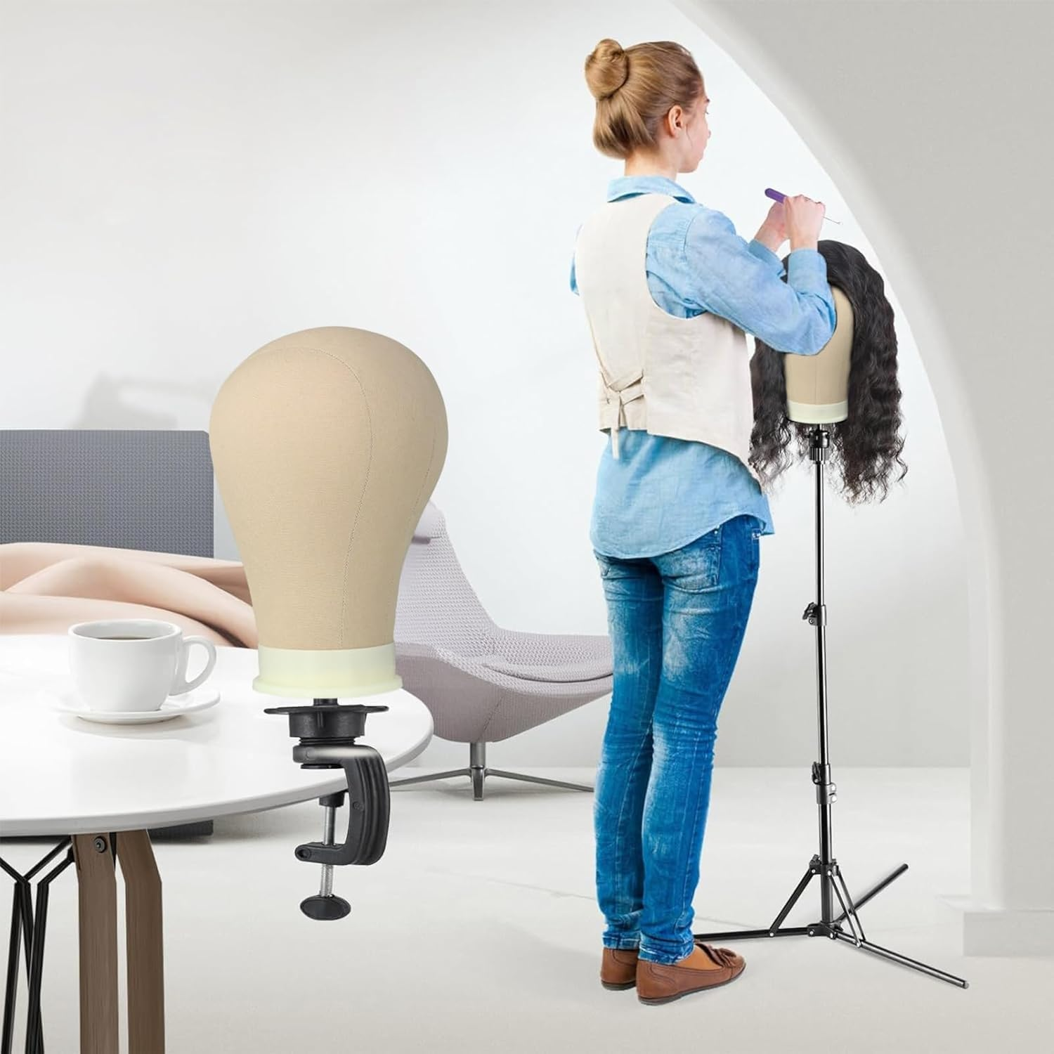 Canvas Block Head Mannequin Head Canvas Wig Head Wig Display Styling Head with Mount Hole (Light Brown,21") image number 3