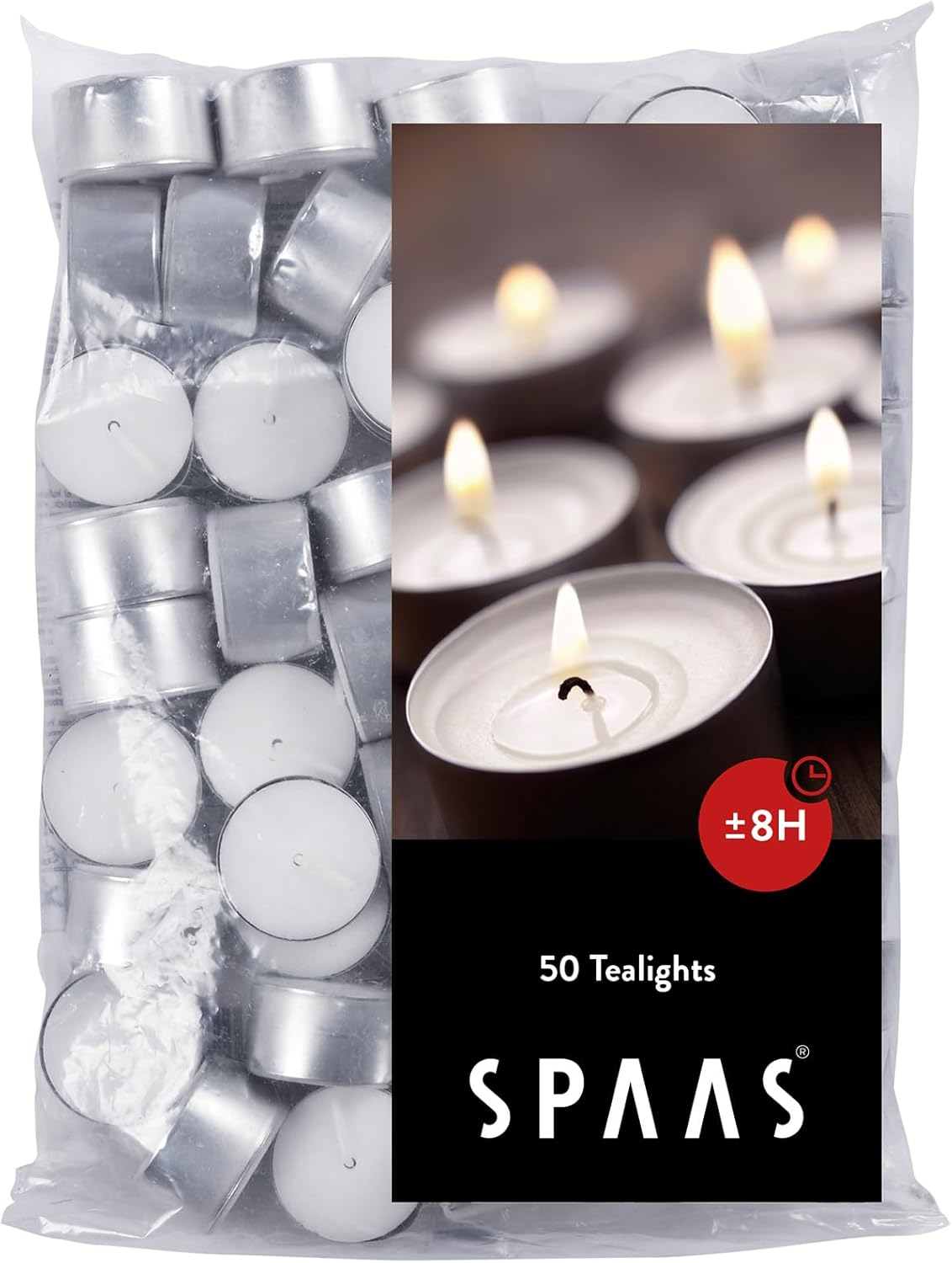 Spaas Tea Light Candles - White with Aluminium Cup, Unscented, Burn 7-8 Hours, Set of 50, Produced by Top 3 European Manufacturer, Perfect for Candle Holders, Tea Warmers, Tart and Food Warmers, Votiv