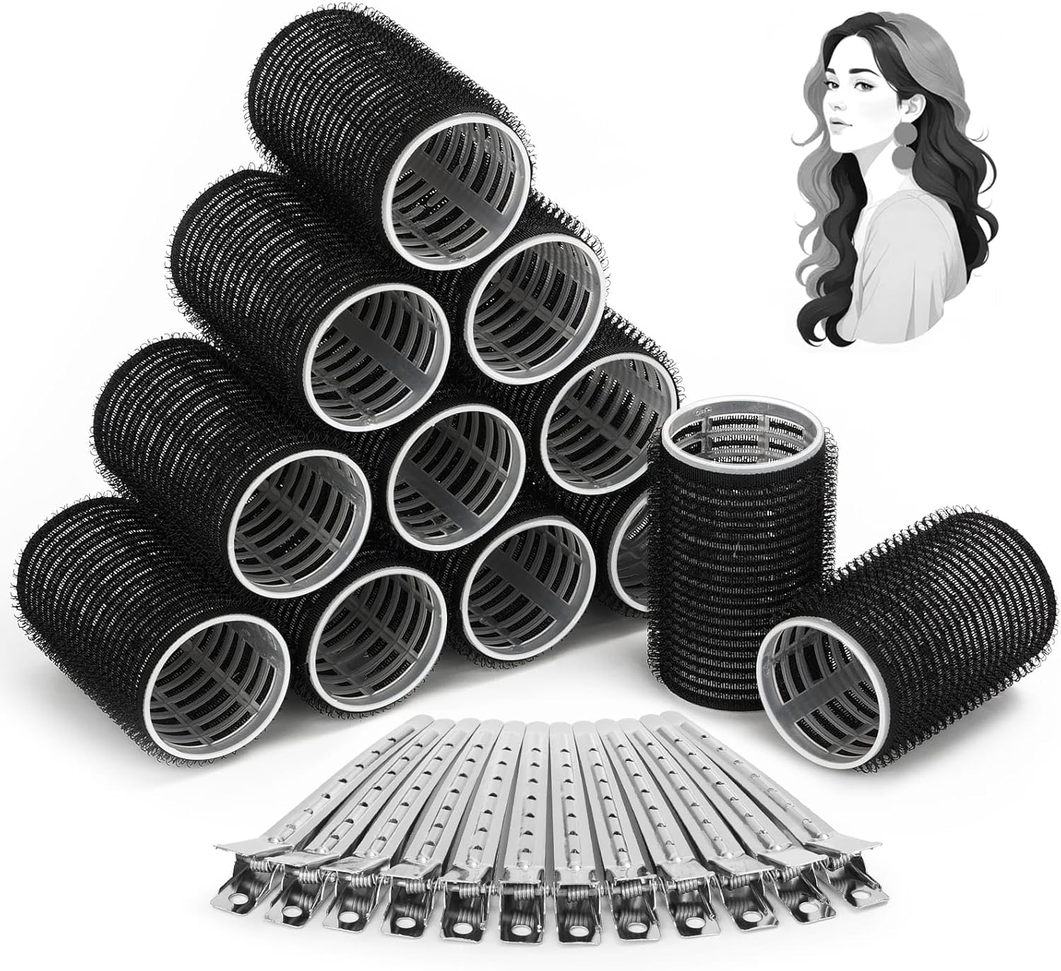 Hair Curlers Rollers, 12Pcs Hair Rollers Hair Curlers Self Grip Holding Rollers with 12 Pcs Hair Clips for Long Medium Short Thick Fine Thin Hair Bangs Volume