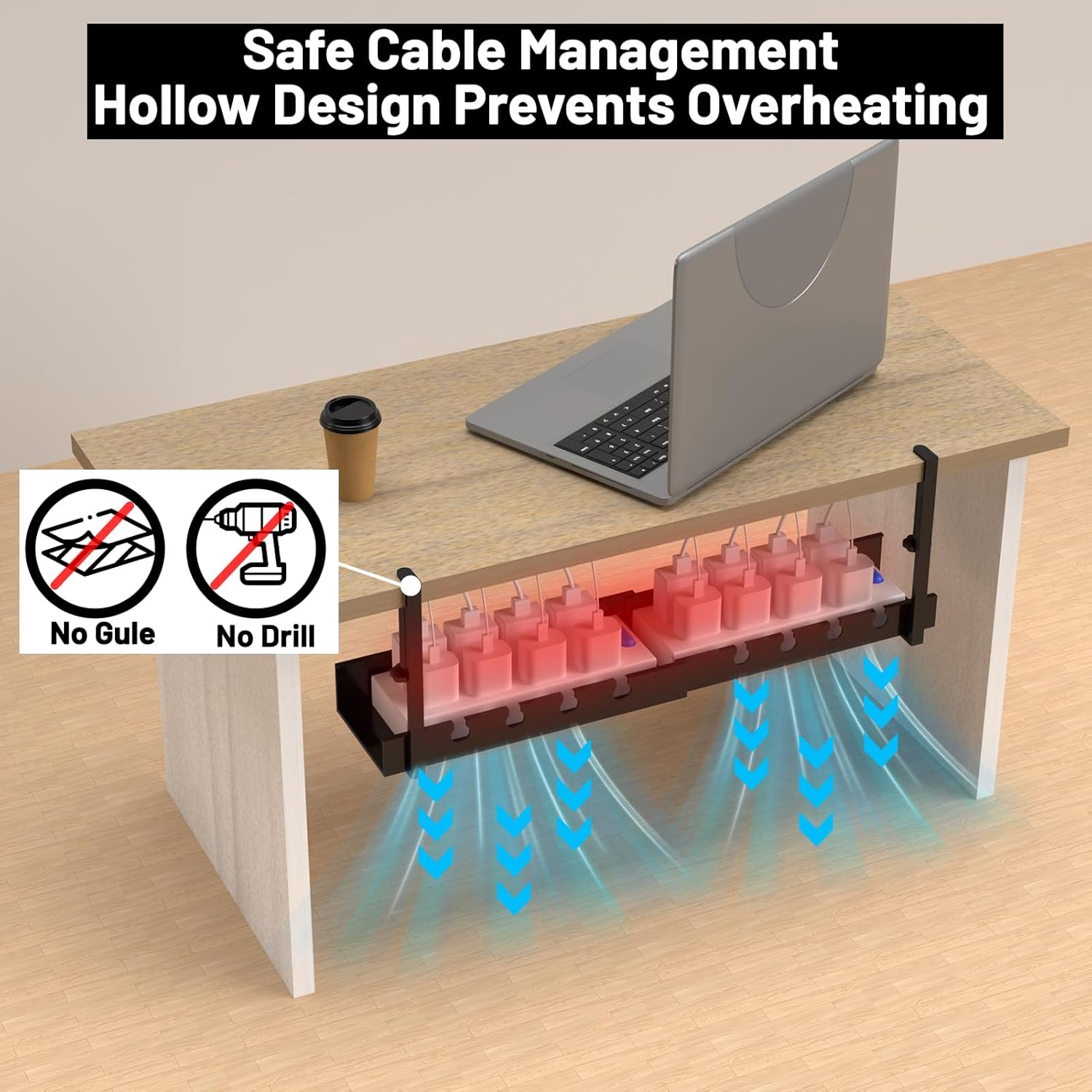 Extendable under Desk Cable Management Tray,11-21Inch Expandable Non-Drilled Metal Cable Management Tray with Desk Clamp,Cable Management Rack for Home Office Vertical Desk image number 2