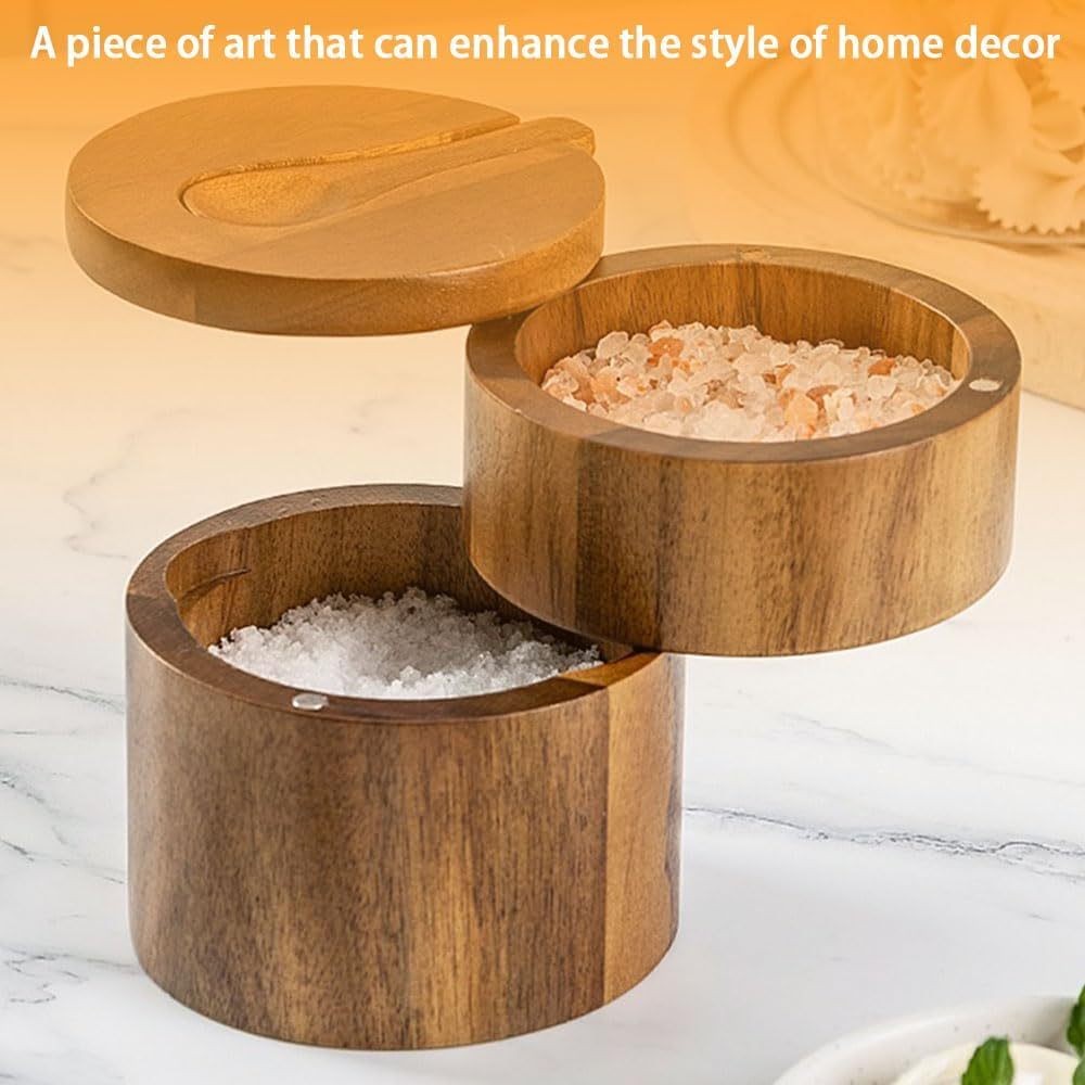 Wooden Salt Cellar,Salt Cellar with Spoon and Magnetic Swivel Lid,Kitchen Seasoning Bottle,Salt Box Storage Seasoning Jar,Salt Container Holder,For Seasoning Storage image number 1