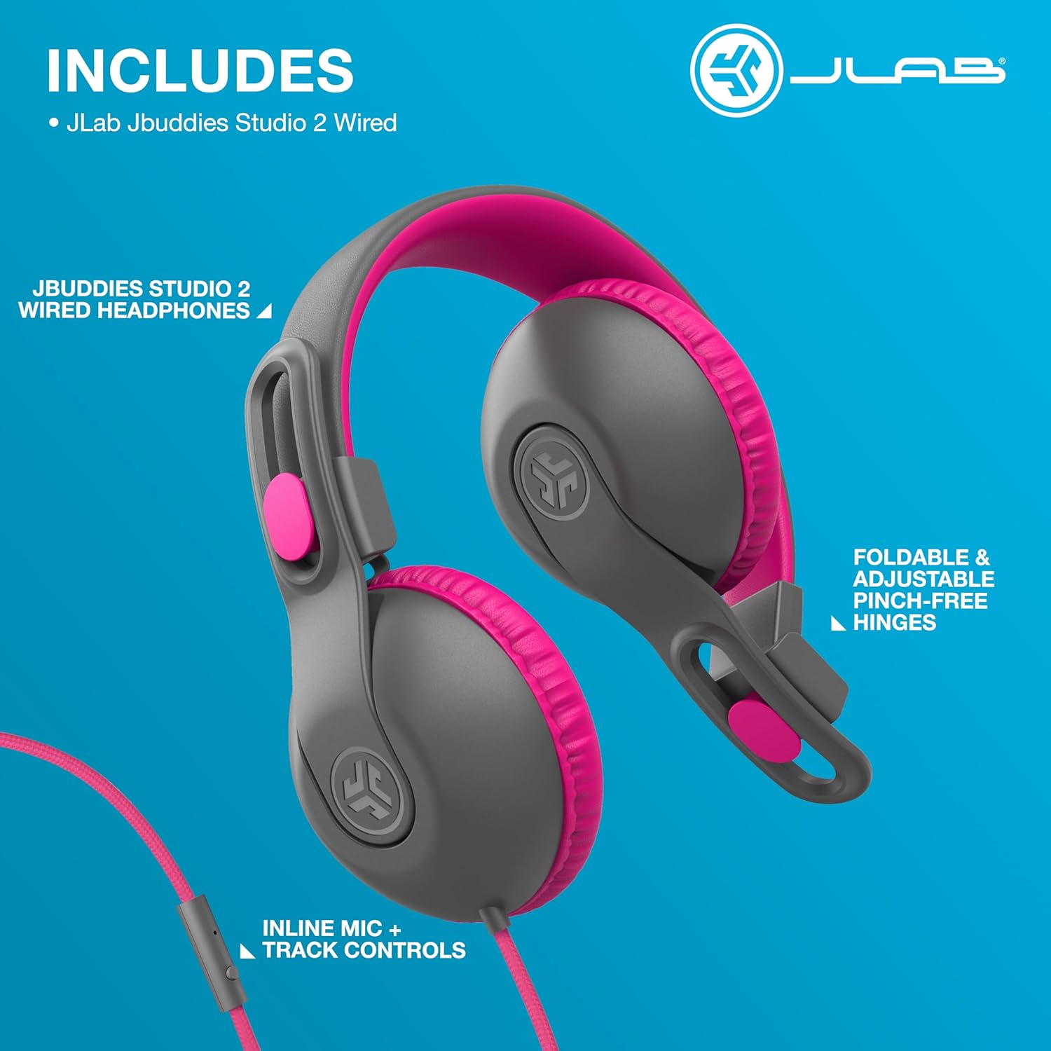 Jlab Jbuddies Studio 2 On-Ear Kids Wired Headphones, Grey/Pink, Toddler Headphones, Kid Safe, Studio Volume Safe, Volume Limiter, Folding, Adjustable, Noise Isolation, with Mic image number 3