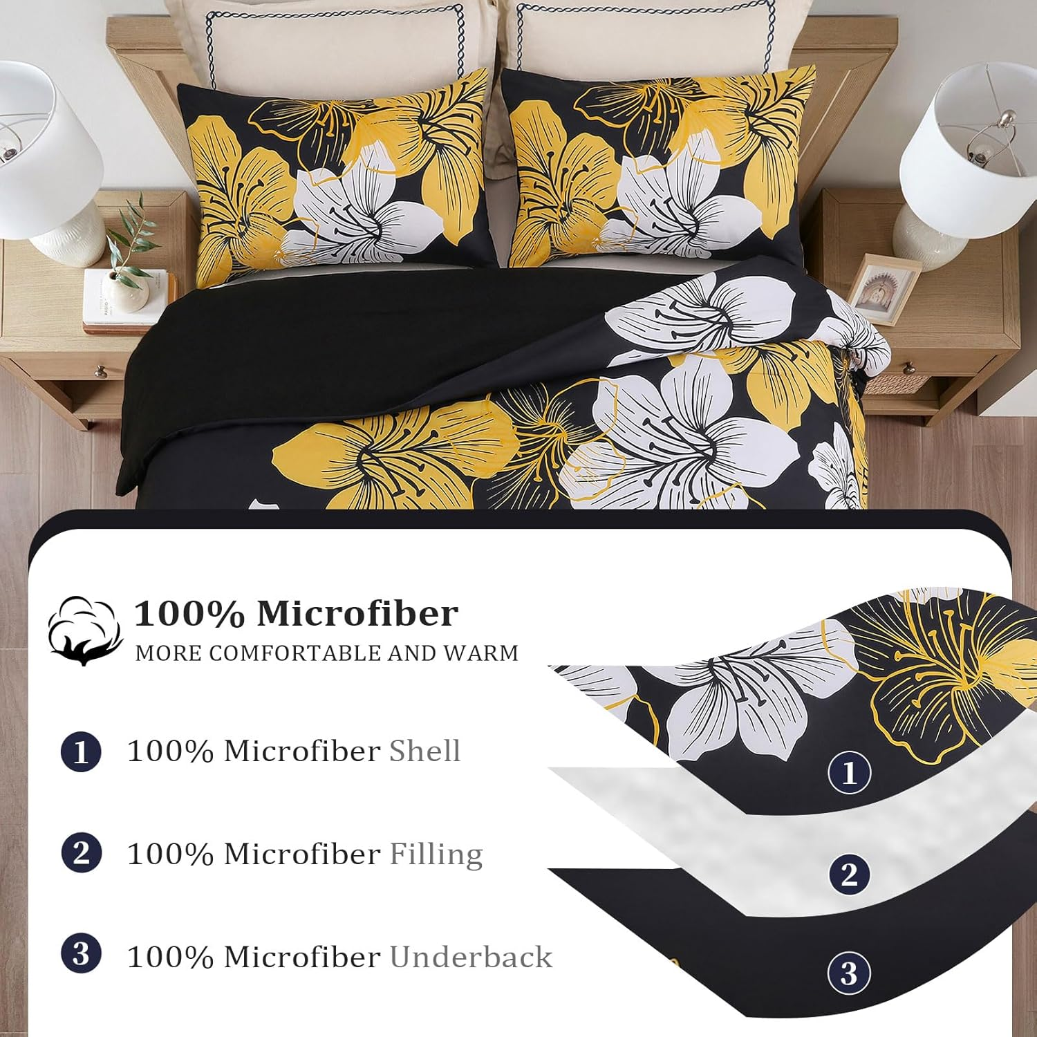 Menghomeus King Size Comforter Set Black/Gold Floral Bedding Comforter Sets Soft Microfiber Bed Comforter Set for All Season 3 Piece Botanical Flowers Comforter, Pillowcases image number 1