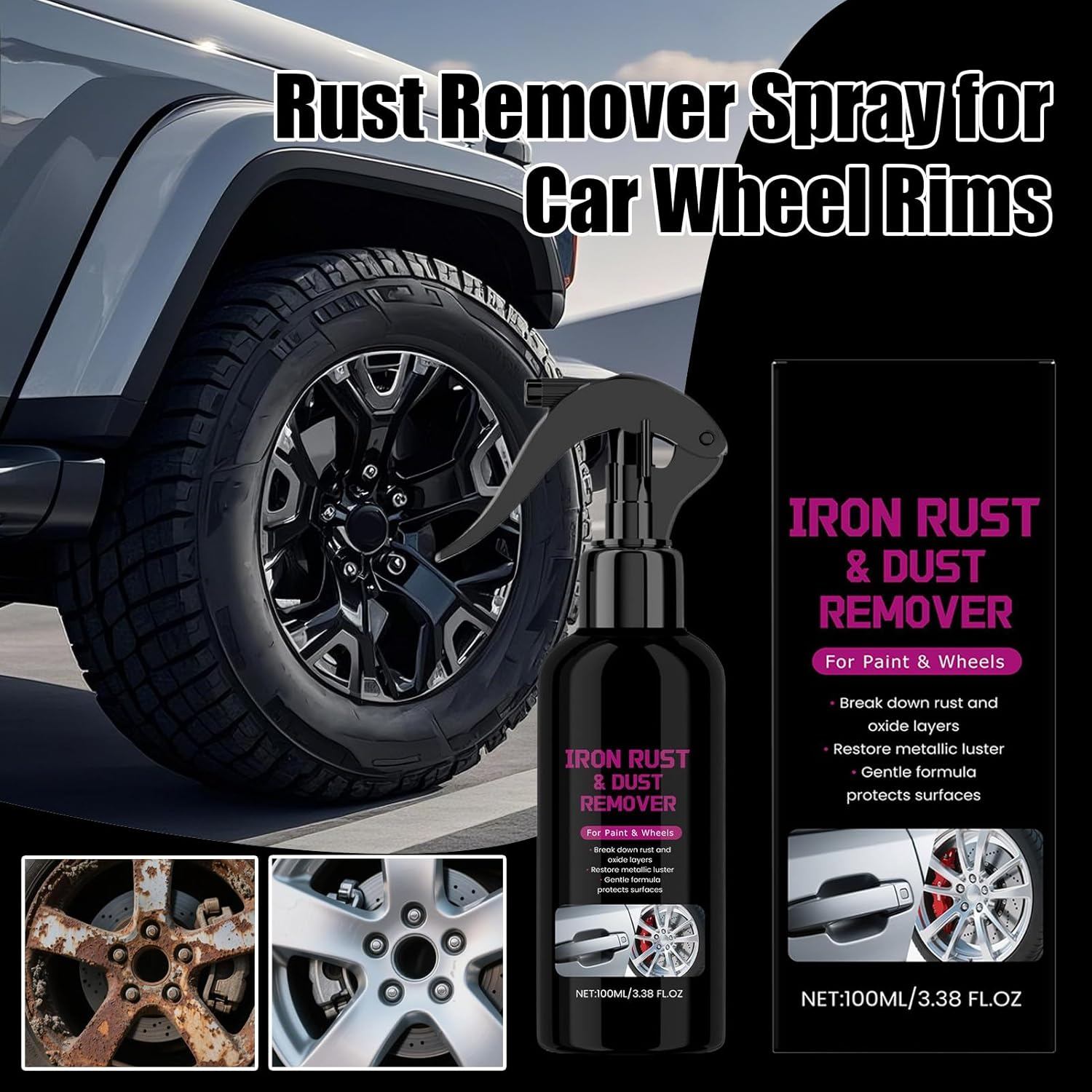Rust Remover Spray for Car, 100Ml Car Wheel Cleaner Rust Dissolver, Multipurpose Automotive Detailing Supplies for Truck RV Sedan Motorcycles Pickup
