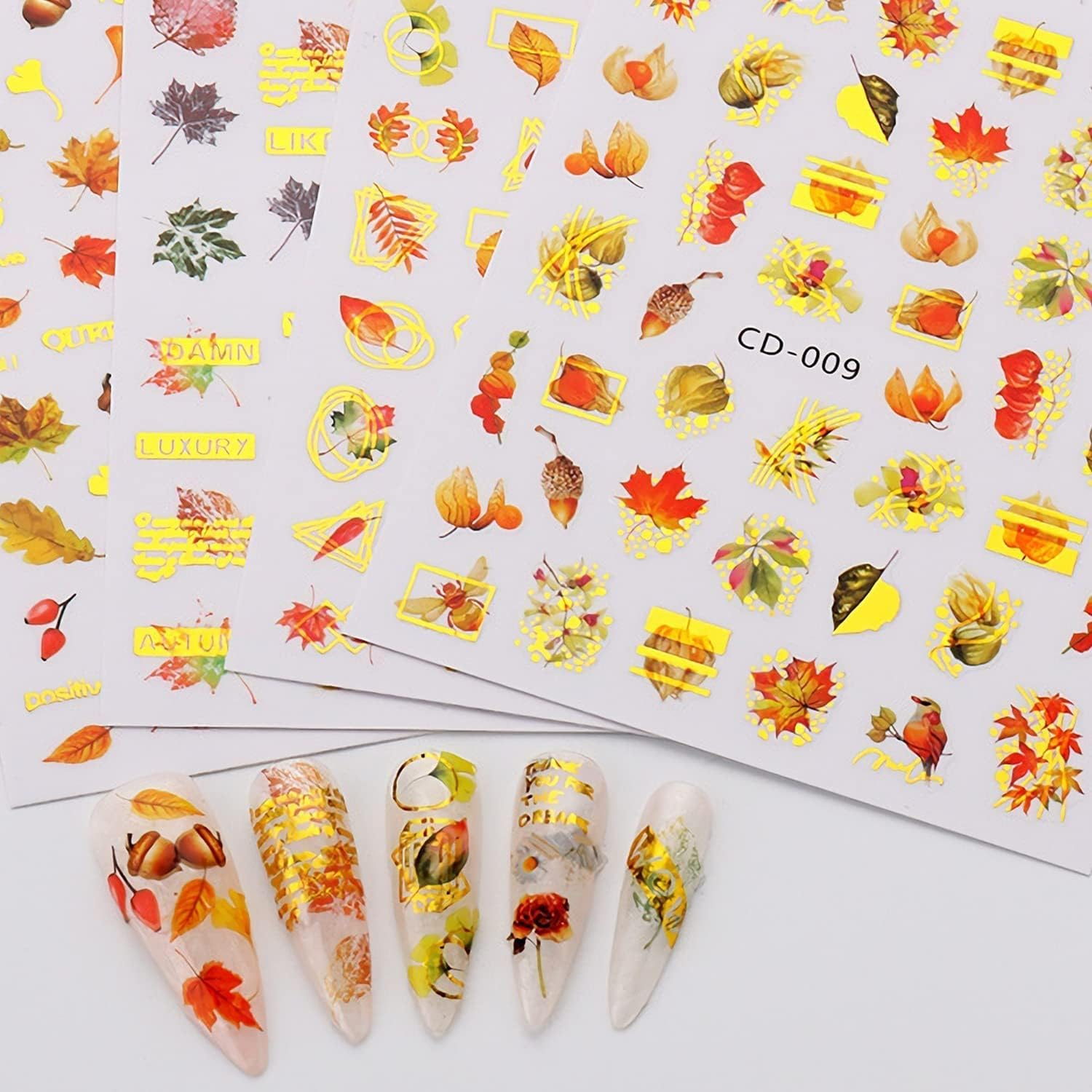 8 Sheets Nail Stickers Autumn Leaves Nail Stickers Self-Adhesive Gold Leaves Nail Tattoos Nail Design DIY Thanksgiving Nail Decoration for Women Girls image number 6