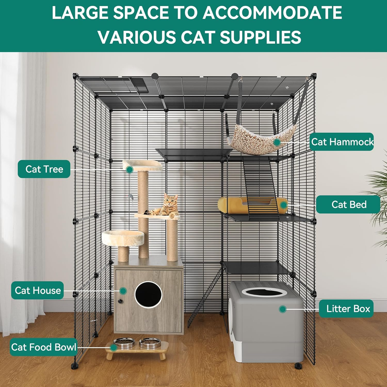 YITAHOME 4 Tier Large Cat Cage Indoor with Hammock, 4 Doors, 3 Ladders, Outdoor Cat Enclosure Catio Metal Wire Dense Kennels for 1-3 Cats, Small Animal DIY Detachable Pet Playpen, 104X72X140 Cm image number 6