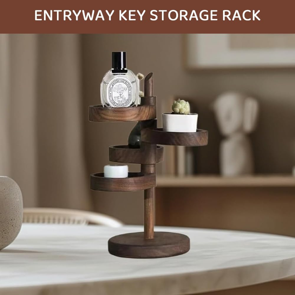 JIUSEGE Spiral Wooden Display Stand, Multi-Tier Rotating Organizer with 4 Adjustable 360&deg; Shelves, Space-Saving Jewelry Storage Rack for Home Decor, Brown image number 2