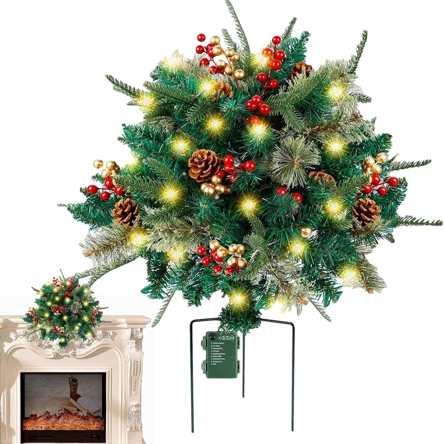 Outdoor Christmas Tree Frosted Urn Filler, Pre-Lit Artificial X Mas Tree with Cones & Red Berries, Battery Operated Christmas Tree, Outdoor Light up Planter Filler Holiday Home Decor image number 3