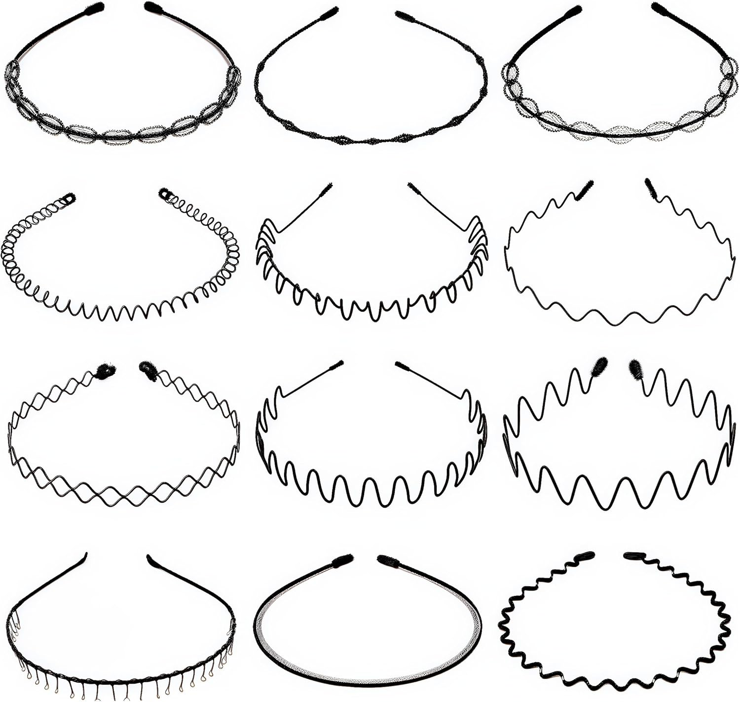 Aknebriax 12 Pieces Headband for Men Adjustable Wavy Black Hair Band Non-Slip Hair Hoop Unisex for Home, Outdoor, Sports and Yoga Accessories(Black)