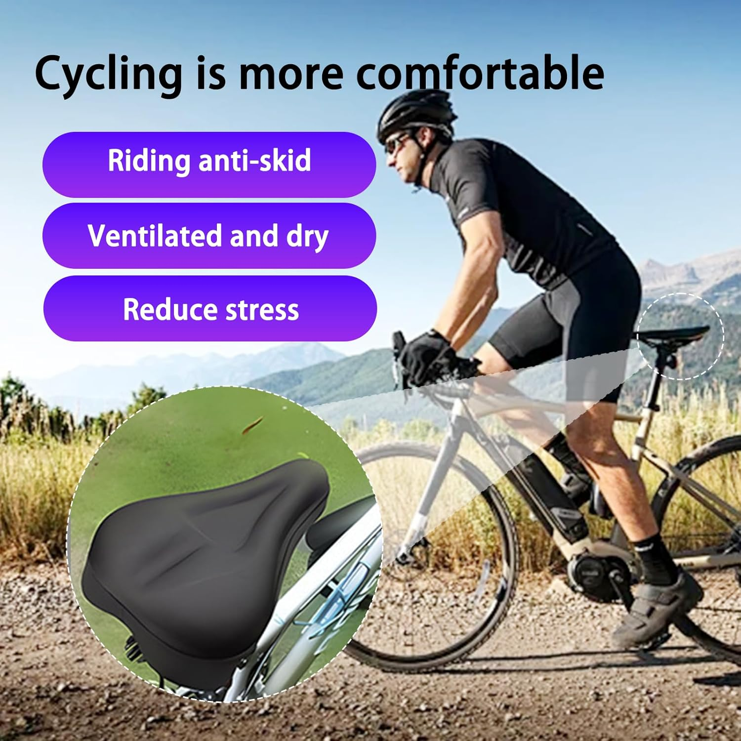 Gel Bike Seat Cover Cushion,Universal Bicycle Saddle Cover with Non-Slip Base,3D Relief Design for Road Mountain Spin Bikes,Comfortable Cycling Seat Pad Black