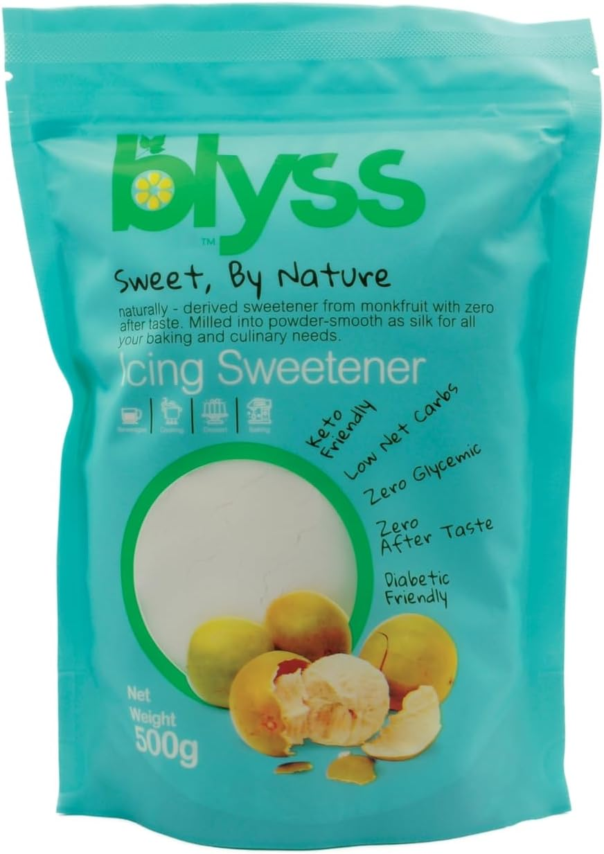 Blyss Natural Zero-Gi Monk Fruit Sweetener - 500G Powdered Icing | Organic Blend of Monk Fruit & Erythritol | Sugar-Free, Low Carb, Keto & Diabetic Friendly | Perfect for Baking & Desserts