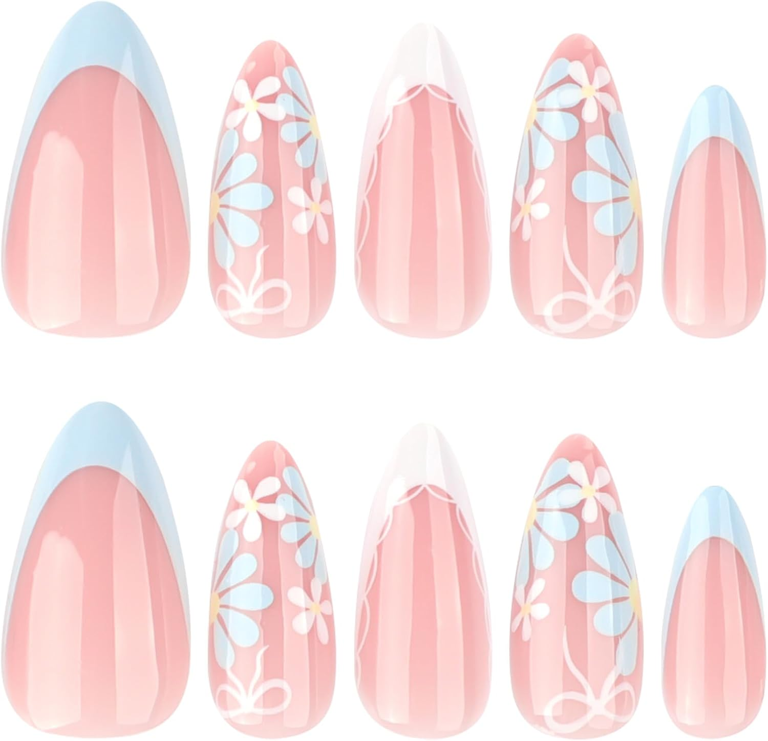 Mouyouglow Press on Nails Short, Almond White French Baby Blue Flowers Floral Bow Tie Fake Nails with Nail Glue, Blue Flowers Acrylic Sweet Summer INS Artificial Fingernails - Yf2 image number 3