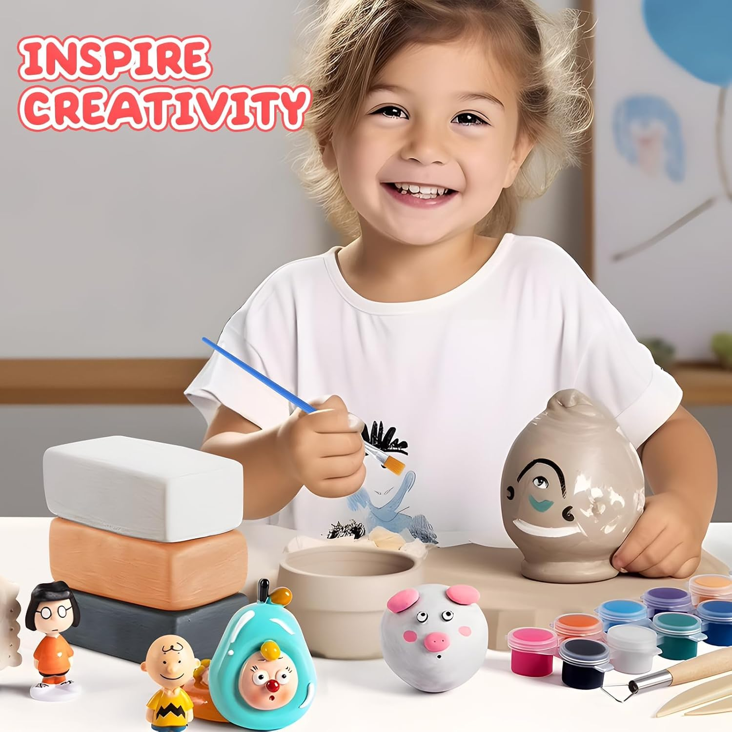 Skirfy Pottery Clay Air Dry Clay Kit,2.6Lb of Clay Paint with 6 Paint Pots&Paint Brush,Ceramic Clay Pottery Clay for Wheel,Clay Making Kit for Kids Art Craft for Kids 6+,White,Gray,Nature Color image number 4