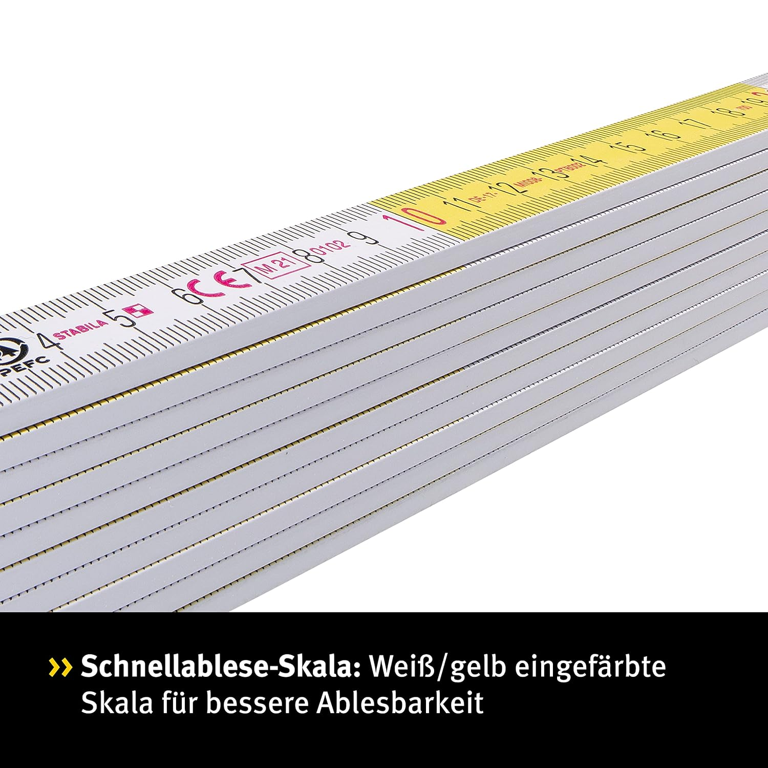 STABILA Folding Rule Type 717, 2 M, White, White/Yellow, Metric Quick Read Scale, Angle Function, PEFC Certified Wood, Polyamide Joints