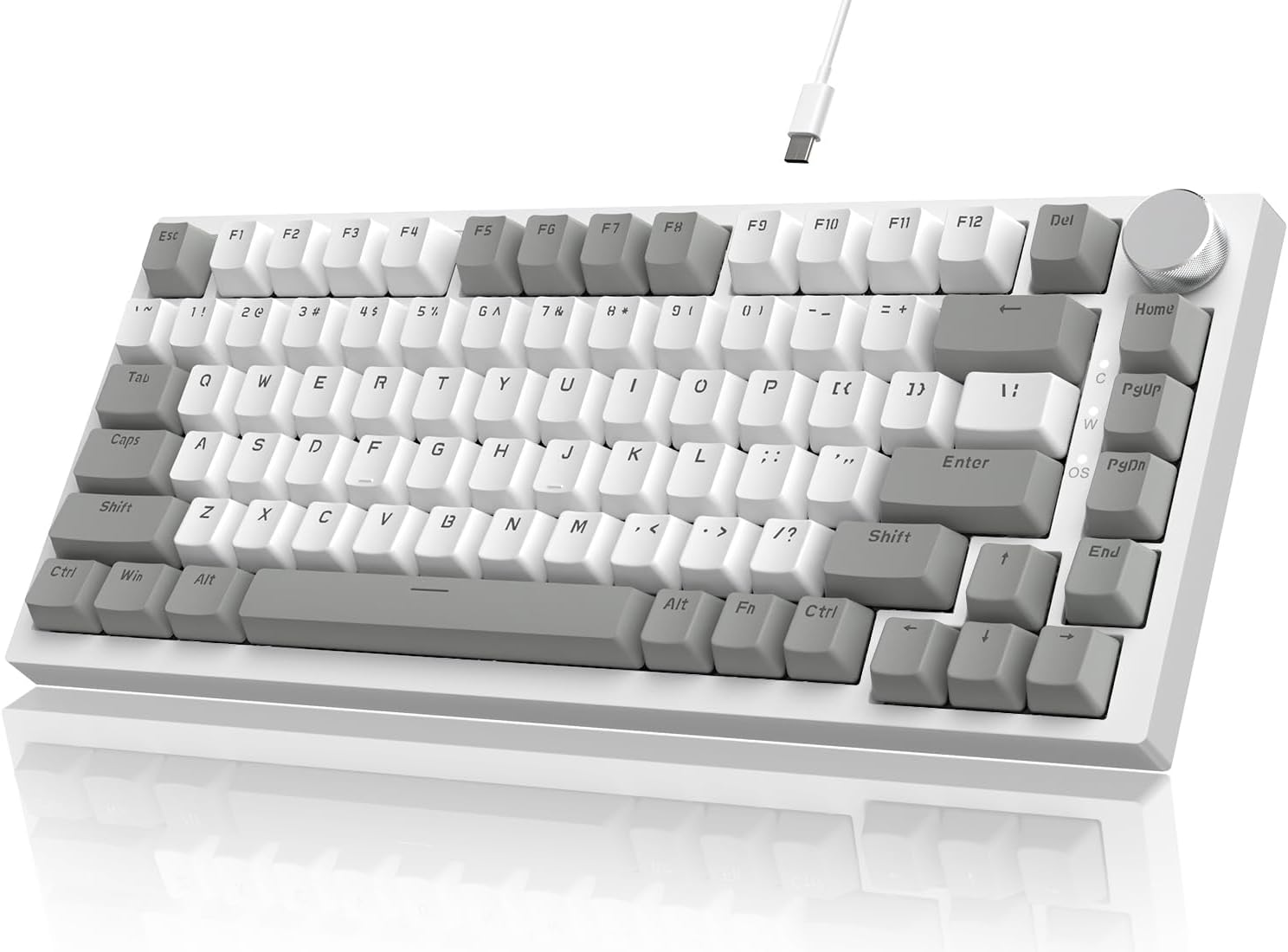 YINDIAO AK820 Mechanical Keyboard with CNC Knob Control,75% ANSI Layout,82Keys Gasket Mount Wired Gaming Keyboard,5 Sound Absorbing Foam,Hot-Swappable,White Backlit,For PC,MAC (Grey&White) image number 4