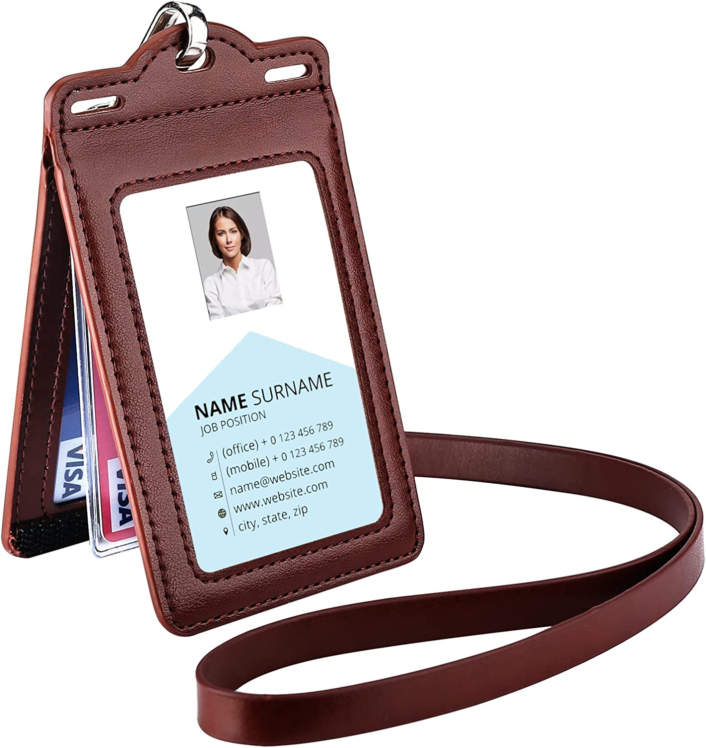 Badge Holder with 2 Lanyard Leather Easily Holds 1 to 6 Cards, Trifold Heavy Duty ID Card Holder, for Nurse Teacher School Medical Law Enforcement