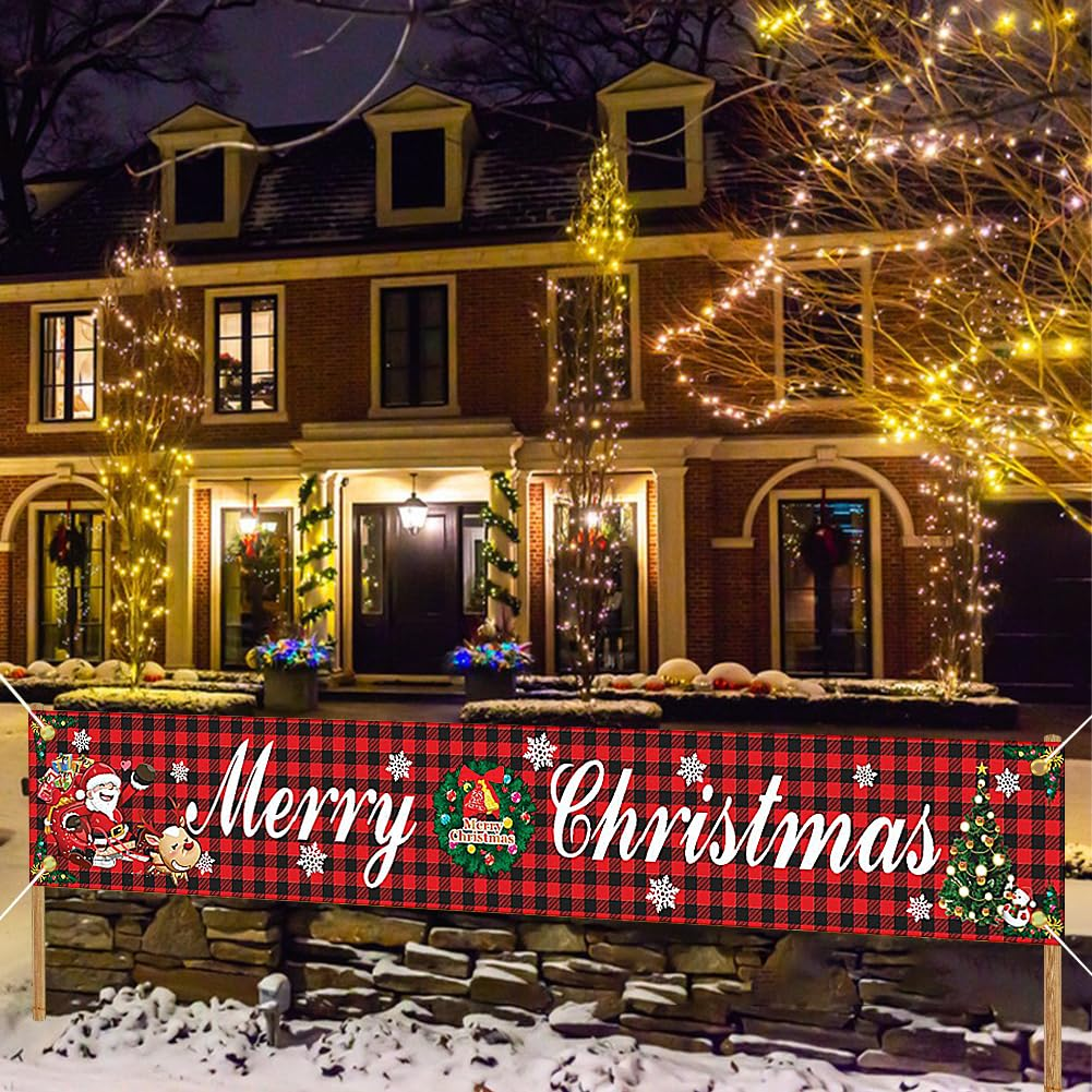 Kiwinvou Merry Christmas Banner Large Christmas Decorations Sign for Outdoor Garden Wall Xmas Banner Santa Claus Banner Supplies Garden Yard Red Banners for Outdoor and Indoor Christmas Party Decoration Supplies image number 2