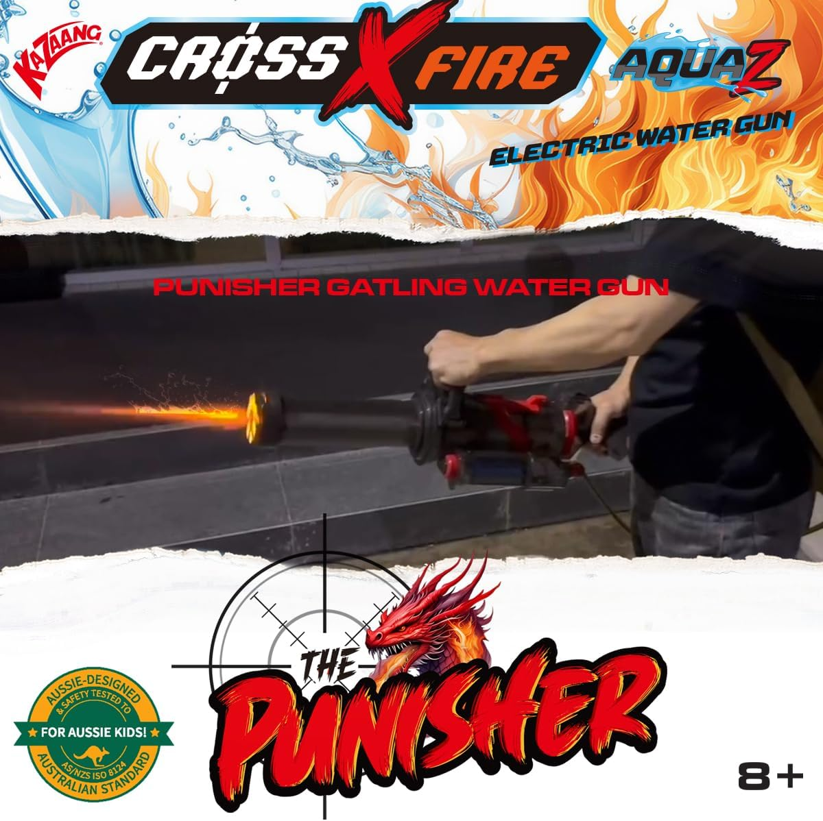 Kazaang Crossxfire Aquaz Punisher - Electric Water Gun with 9M Firing Range - Fully Automatic Gatling Gun with Simulated Muzzle Flash Effect - External Backpack Water Tank - Suitable for 8+