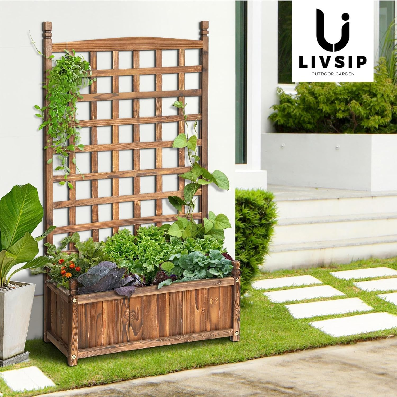 Livsip Wooden Garden Bed with Trellis 64 X 28.5 X 115Cm Raised Garden Bed Standing Flower Vegetable Planter