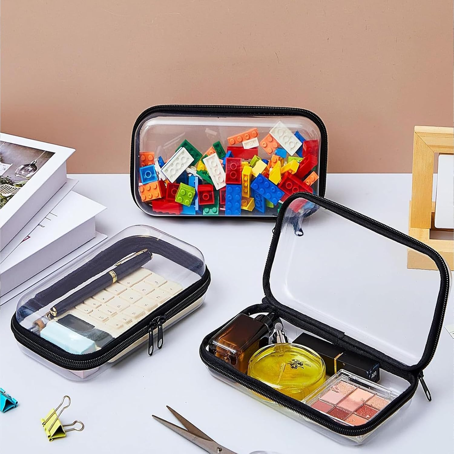 CHONYI 3PCS Clear Organizer Bags,Hard Sided Clear Zipper Case for Storage,Toy Bins Zipper Toiletry Pouches Travel Organizer Snacks Cosmetics (Black) image number 4