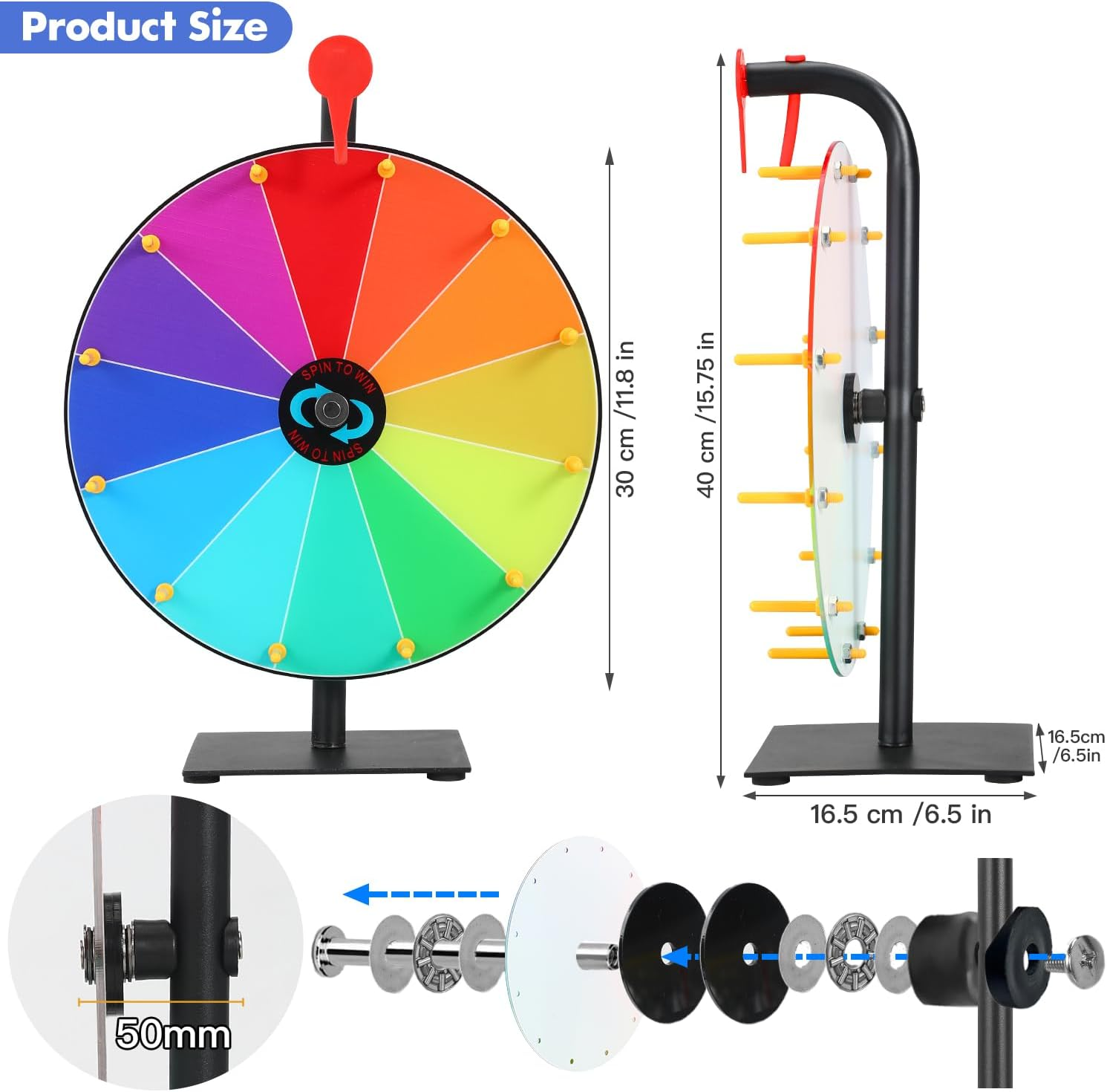 12 Inch Spinning Prize Wheel,Spinner of Fortune with Stand Tabletop Roulette Spinner with Dry Erase Marker and Eraser 12 Slots Color Roulette Wheel Game for Roulette Raffle Carnival Trade Shows image number 6