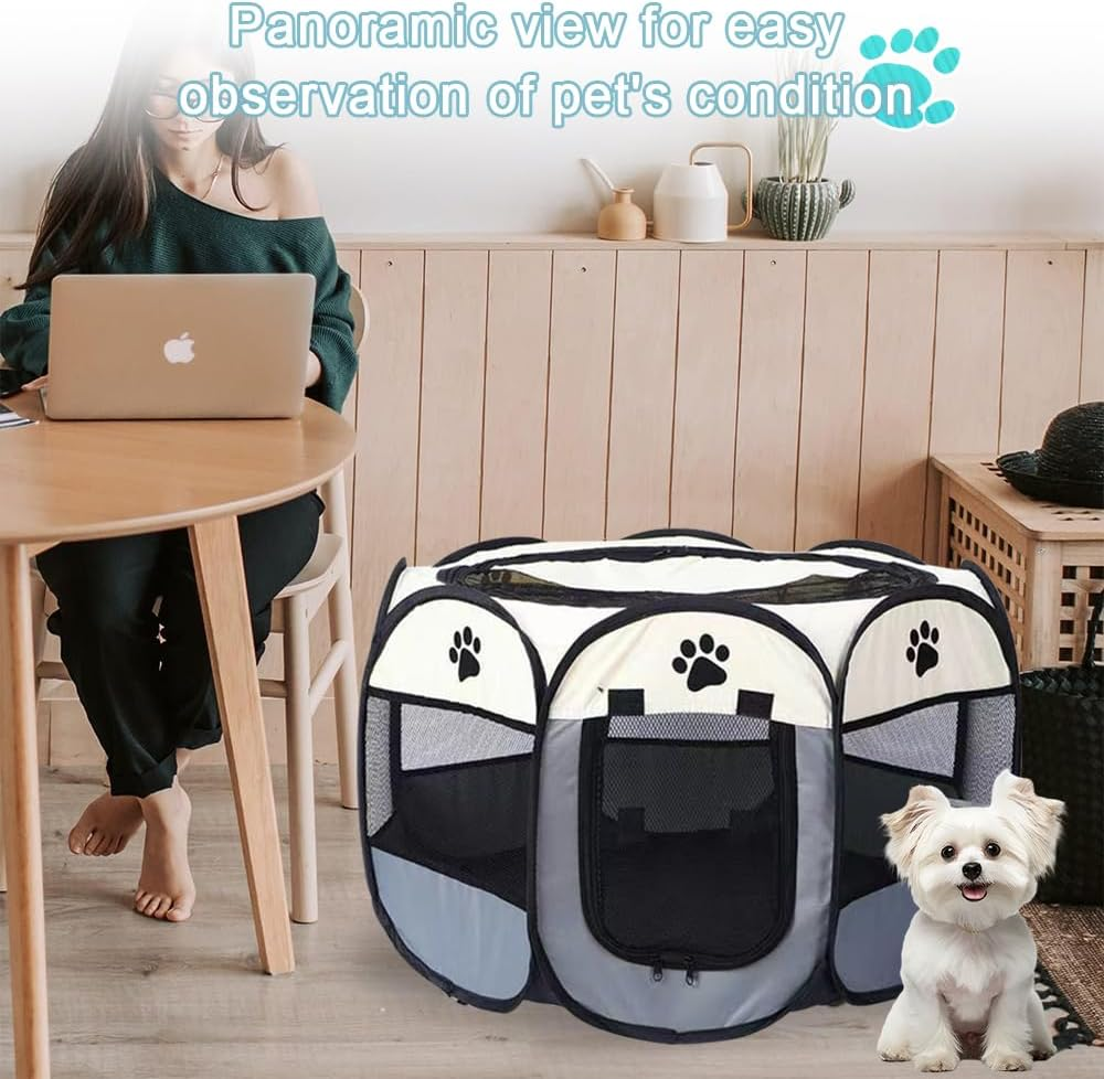TOMVAES Dog Playpen, Oxford Fabric Dog Fence Octagon Dog Crate PVC Pipe Frame Breathable Mesh Double Openings Removable Zipper Top and Bottom,Grey image number 6