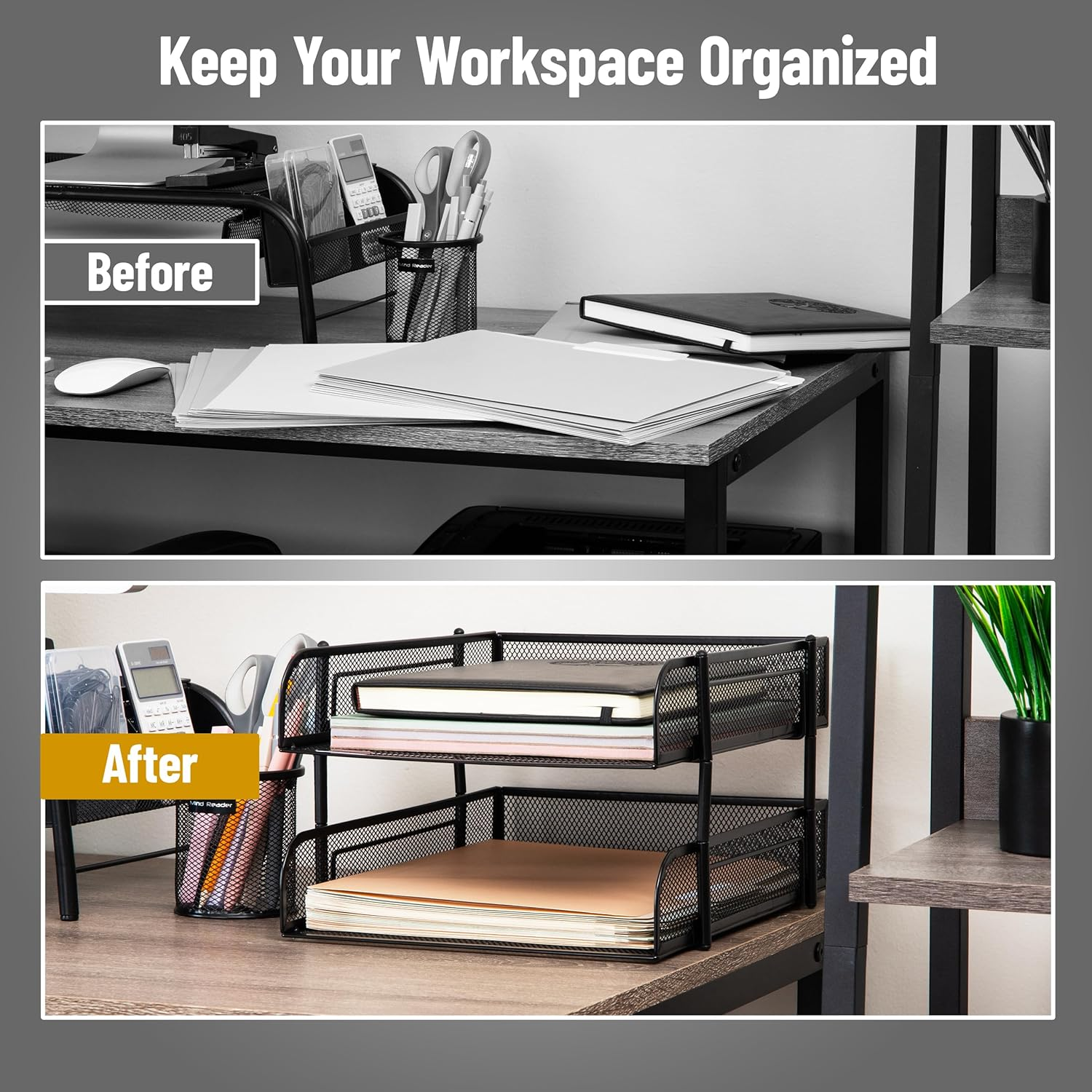Mind Reader Stackable Paper Tray, Desktop Organizer, File Storage, Office, Metal Mesh, 10.5" L X 13.25" W X 7.5" H, 2 Pcs, Black image number 3