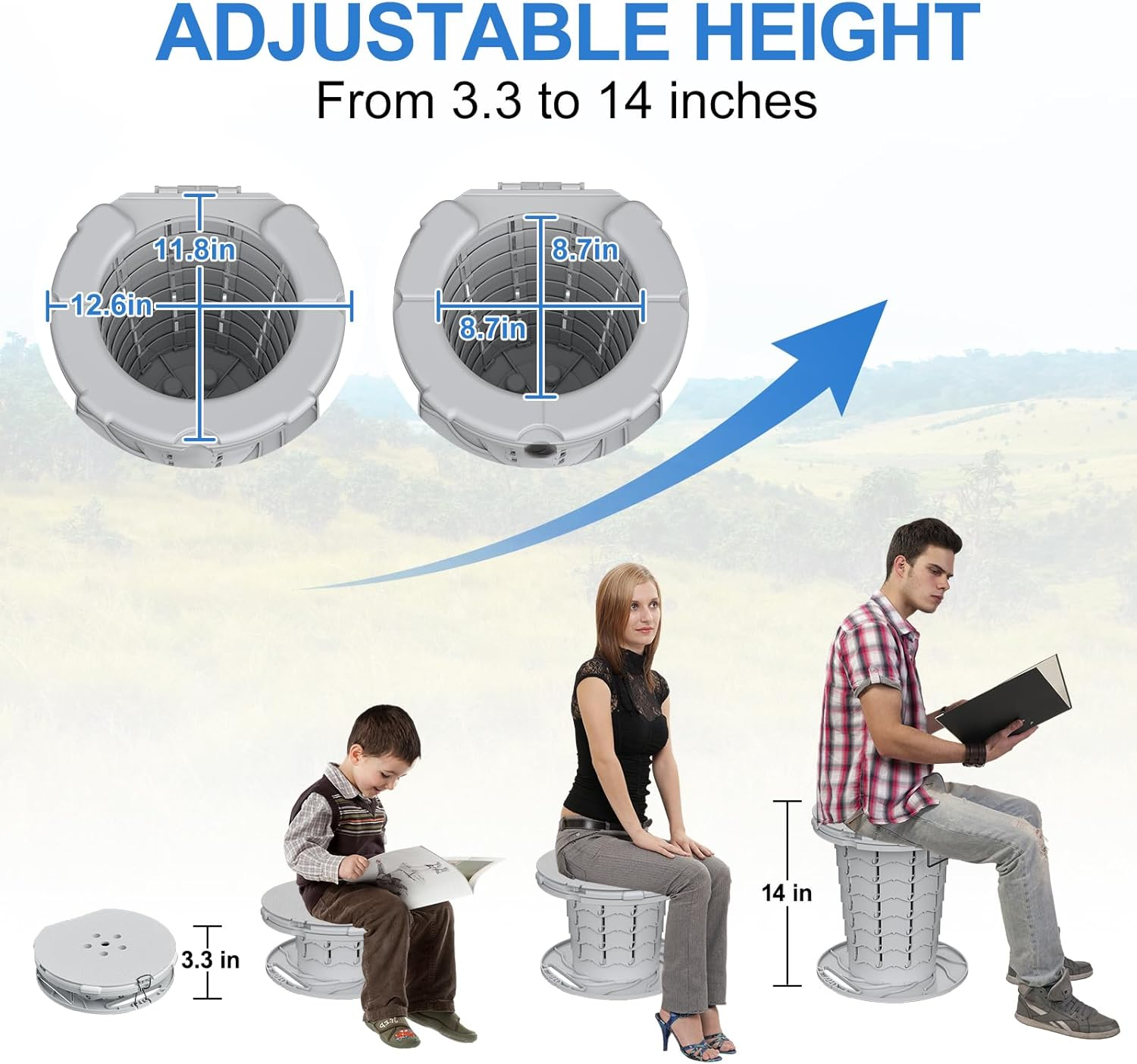 BLIKA Upgraded Portable Toilet with Cushioned Seat, 300LBS Weight Capacity Retractable Toilet, Adjustable Height & Paper Holder, Compact Folding Design for Camping, Car, RV, Outdoor Travel (Gray) image number 5