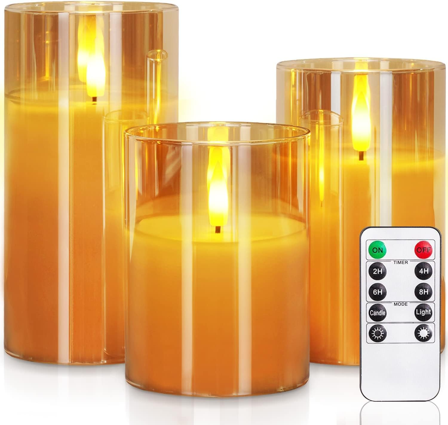 Clear Glass Flameless Candles Battery Operated with Timer, Remote Control, LED Pillar Candles Battery Powered, D3 H4 5" 6", Set of 3 (White)