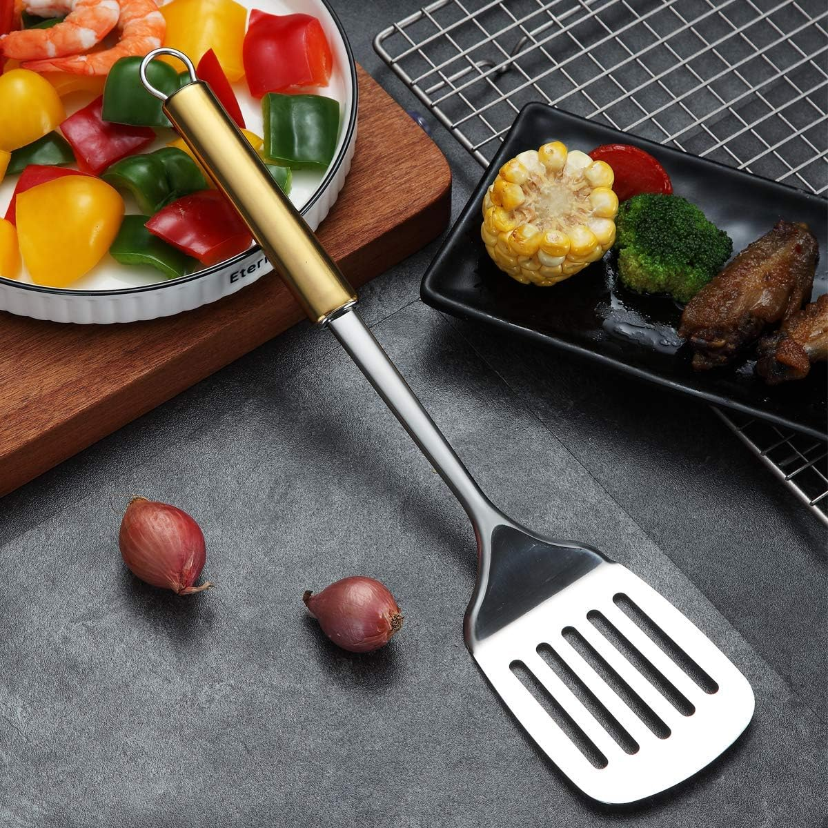 Berglander Spatula, Stainless Steel Gold Handle Slotted Turner, Golden Handle Spatulas with Titanium Plating, Kitchen Spatula for Cooking, Barbeque Turner, Spatulas for BBQ (Gold Handle) image number 2