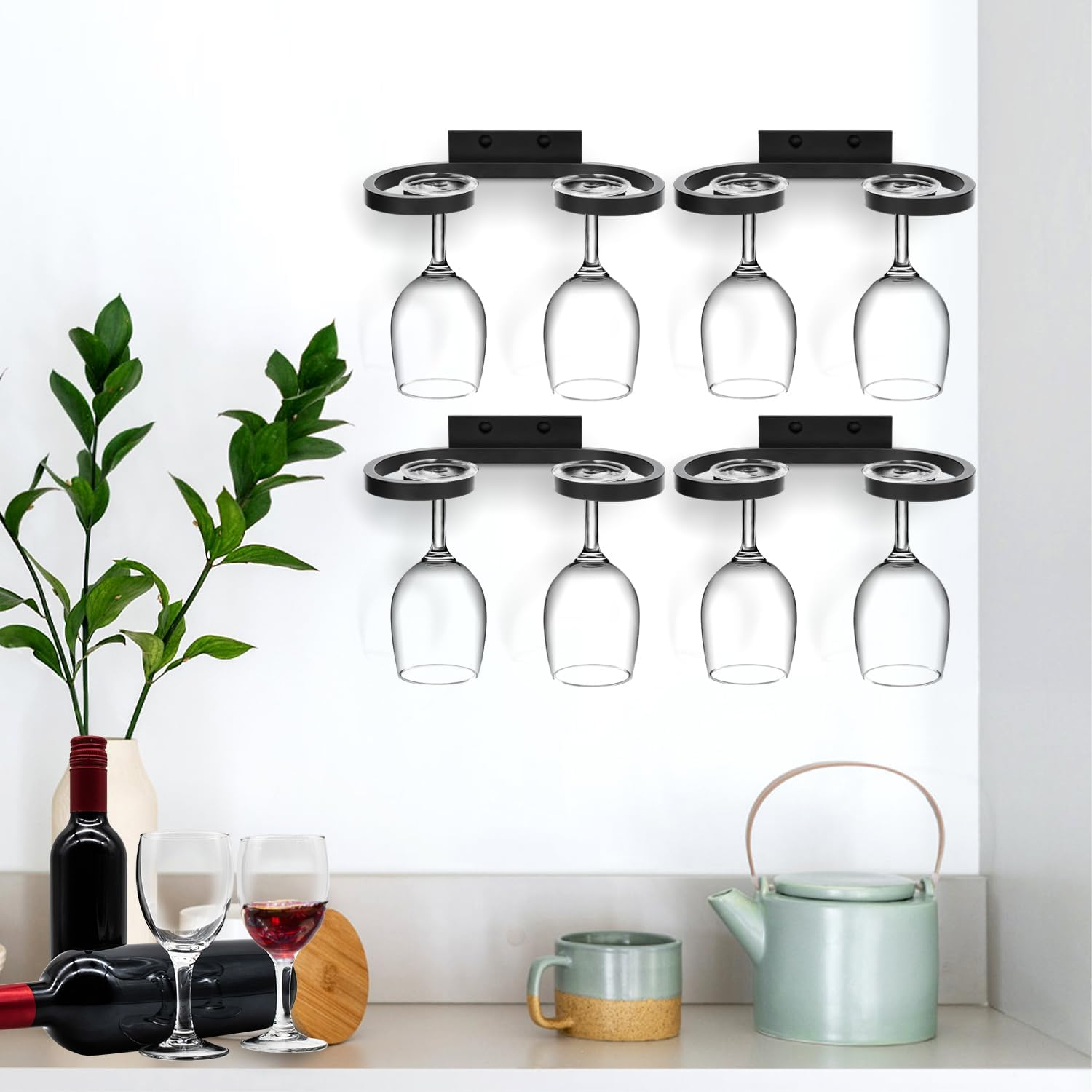 PEUTIER 4Pcs Wall Mounted Wine Glass Rack, 6.69X3.82 Inch Wine Glass Holder Metal Wine Glass Hangers Wine Glass Rack under Shelf Cabinet Stemware Storage Organizer for Kitchen Bar image number 3
