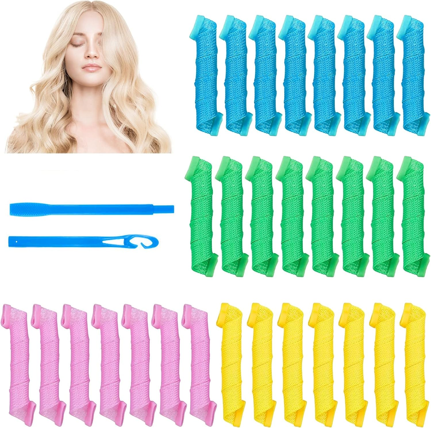 RANJIMA Overnight Hair Rollers, Pack of 30, Large Curls, 55 Cm Spiral Curls, Waves without Heat, Curlers with Styling Hooks, Heatless Hair Curler for Long Hair, Short Hair image number 5