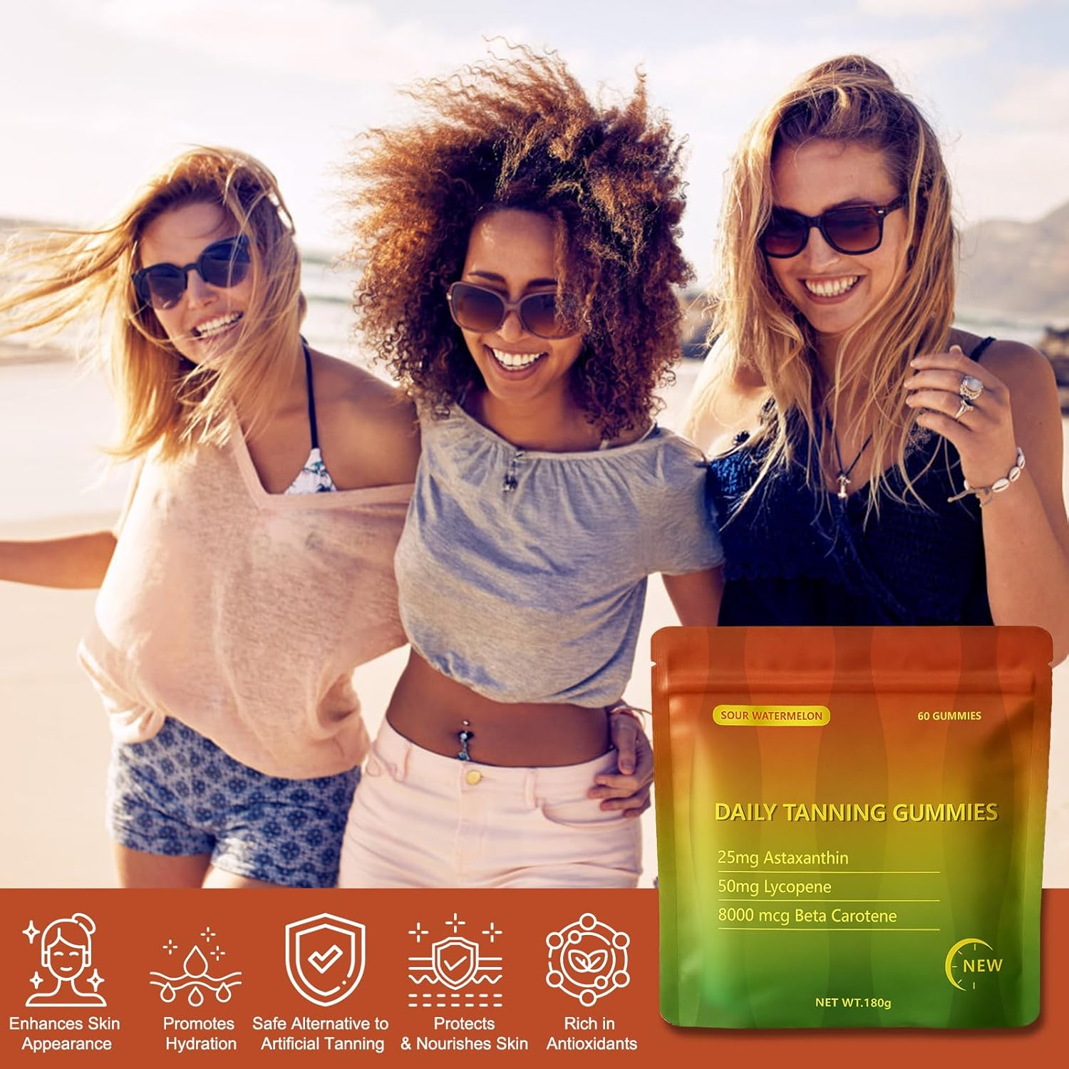 Tanning Gummies, Daily Tanning Gummies with Astaxanthin 24Mg, Lycopene 50Mg & Beta Carotene 8000Mcg for Skin Health & Glow, Vegan, Non-Gmo, Watermelon Flavor, 60 Count image number 3