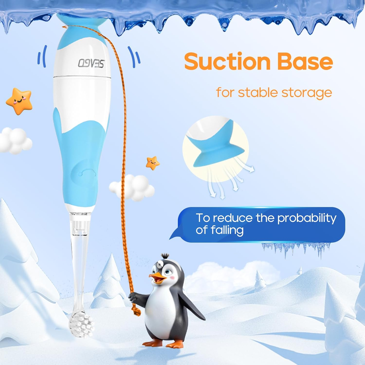 SEAGO Kids Electric Toothbrushes for Baby 0-3 Years, Toddler Toothbrush with Smart Timer and Suction Base, 4 Replacement Brush Heads, LED Observing Light SG-513 (Blue) - Blue image number 4