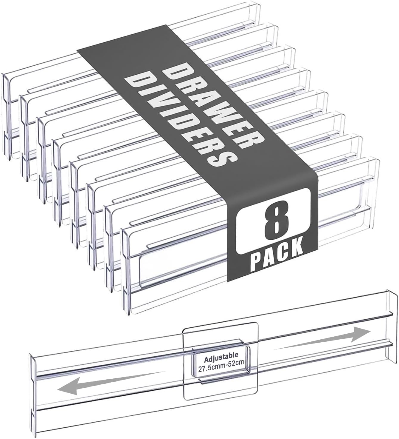 Yakiter Drawer Dividers, 8 Pack 27.5&ndash;52Cm Adjustable Clear Drawer Organisers, 8Cm High Drawers Separators for Clothes, Kitchen Utensils, Bathroom & Office Organization Storage (8)