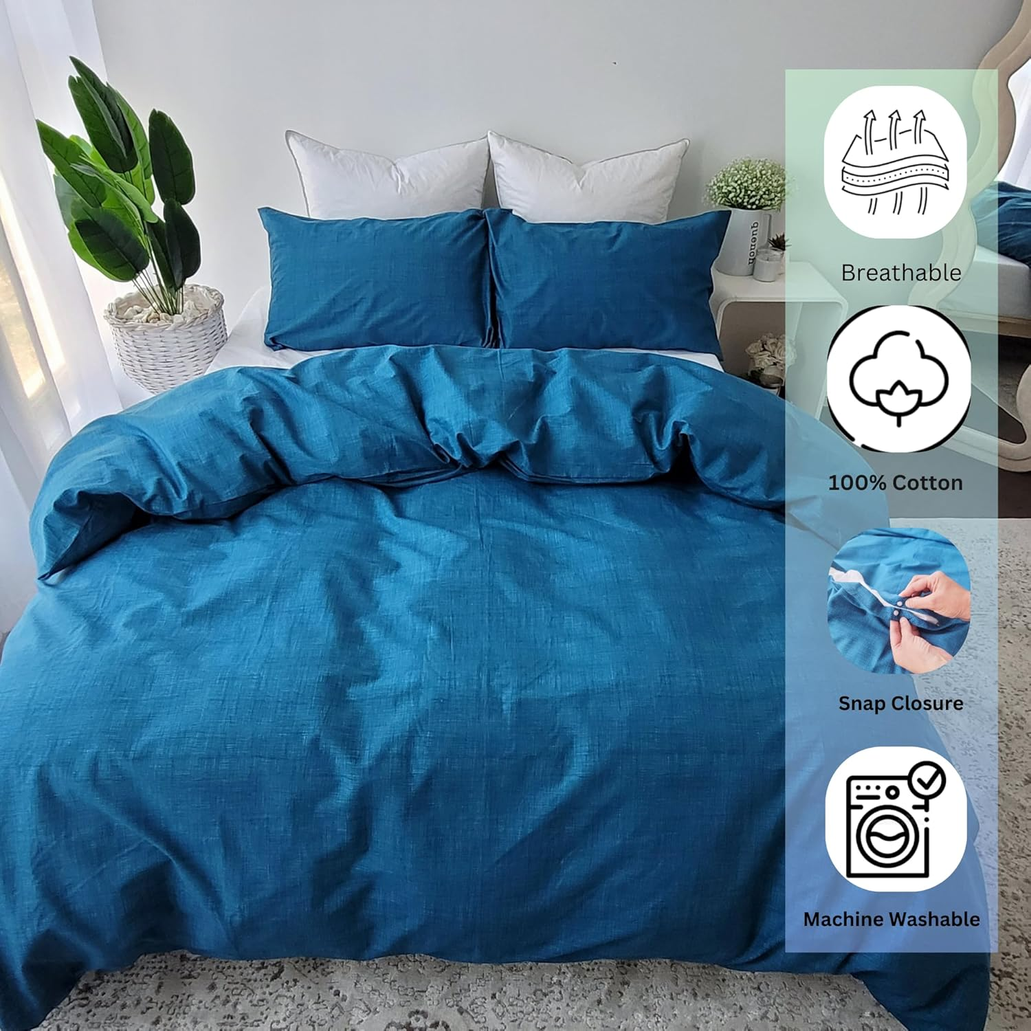 Queen Bed Quilt Cover Set - Blue Doona Cover - 100% Cotton Bedding & Linen - Textured Print Bedding Duvet Cover Sets (3Pcs, Queen) image number 3