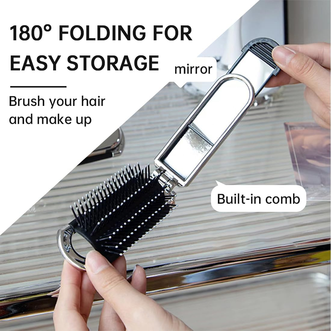 ZEPIQOR Travel Hair Brush with Mirror Foldable Mini Hair Brush Pocket Travel Brush Folding Hair Massage Comb Portable Silver Hair Styling Comb for Men Girls Women image number 4