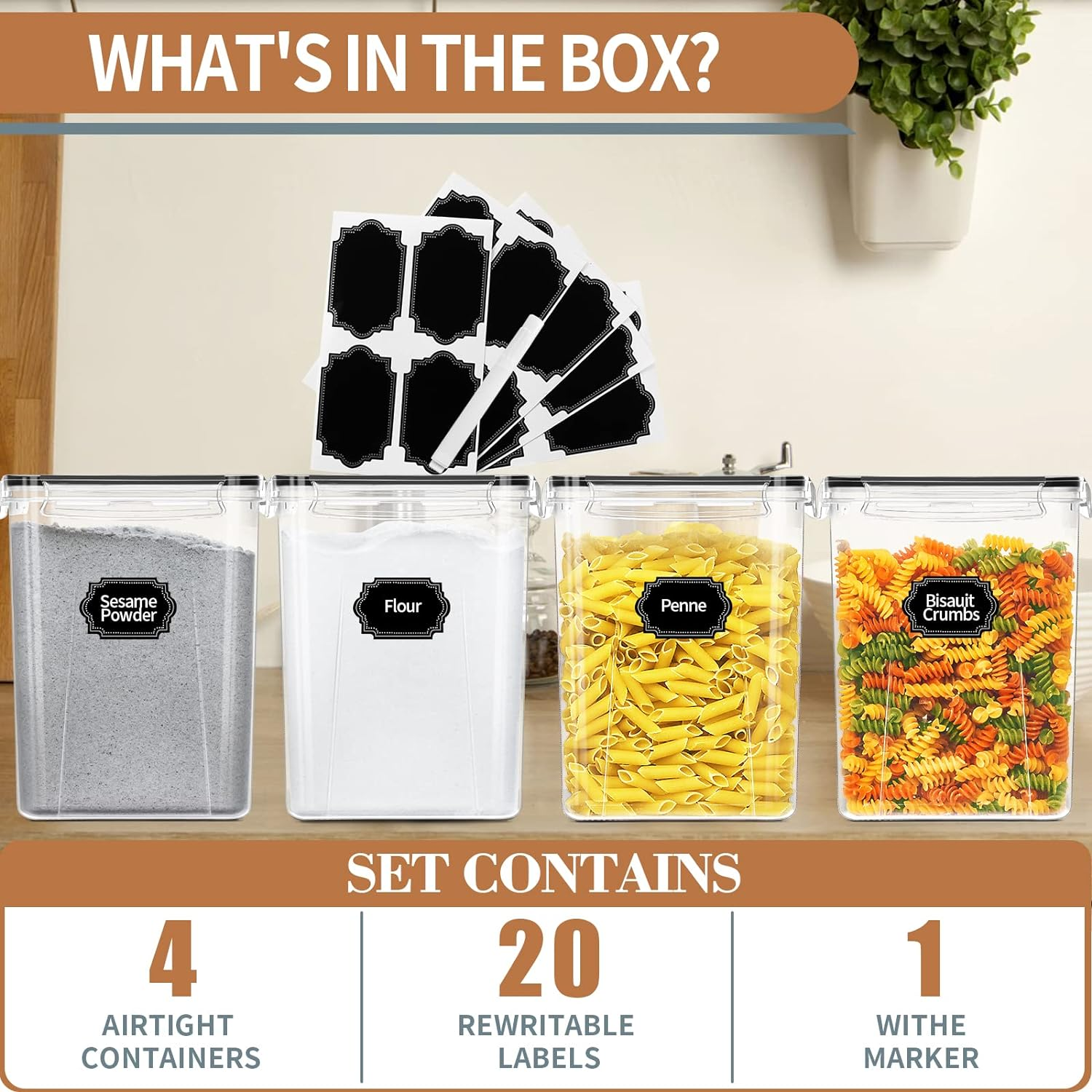 PRAKI Large Airtight Food Storage Containers 5.2L / 195Oz, BPA Free, 4Pcs Pantry Kitchen Organizers and Storage for Flour, Sugar, Baking Supplies, Plastic Flour Container with 20 Labels & Maker